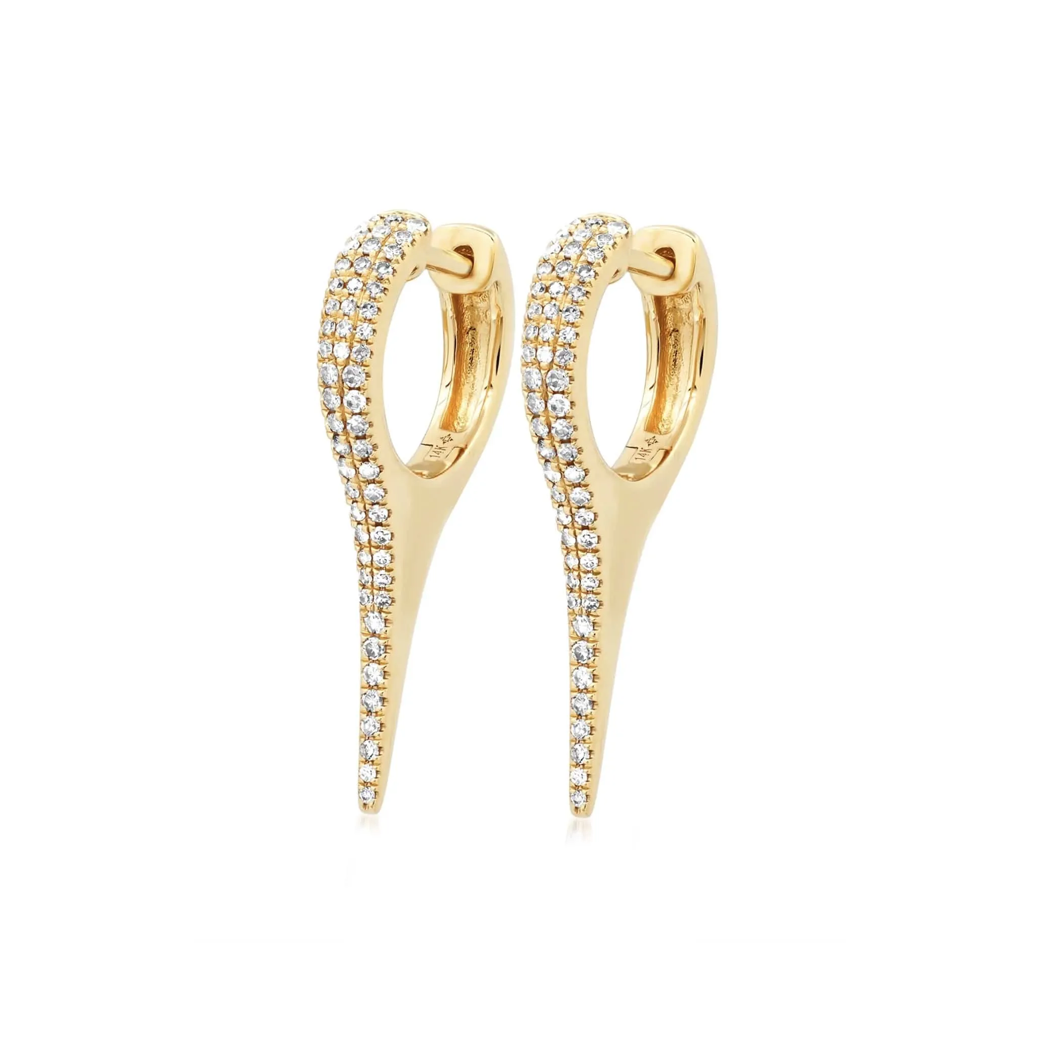 14K Gold and Pave Diamond Dagger Hoops Earrings, Large