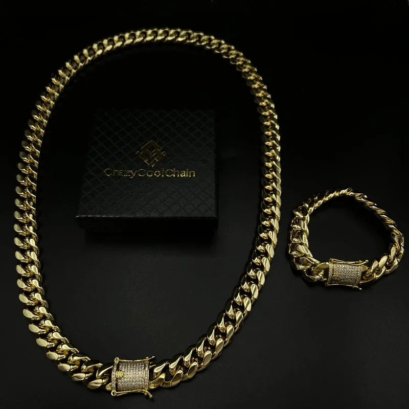 16mm Cuban Link Chain   Bracelet Set (18K Gold 5-Layer Plated)