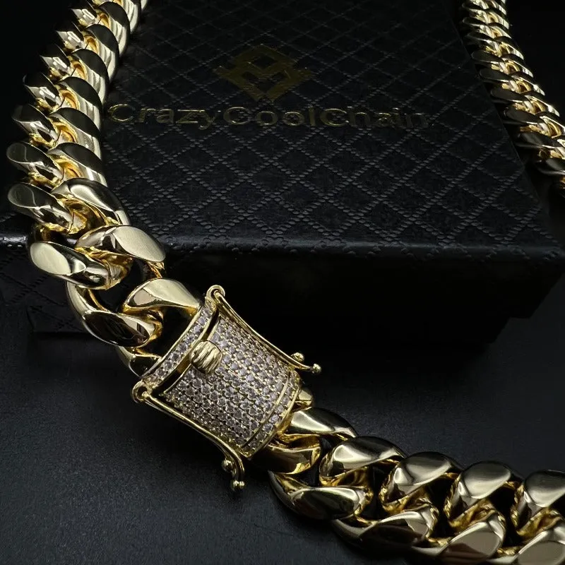 16mm Cuban Link Chain   Bracelet Set (18K Gold 5-Layer Plated)