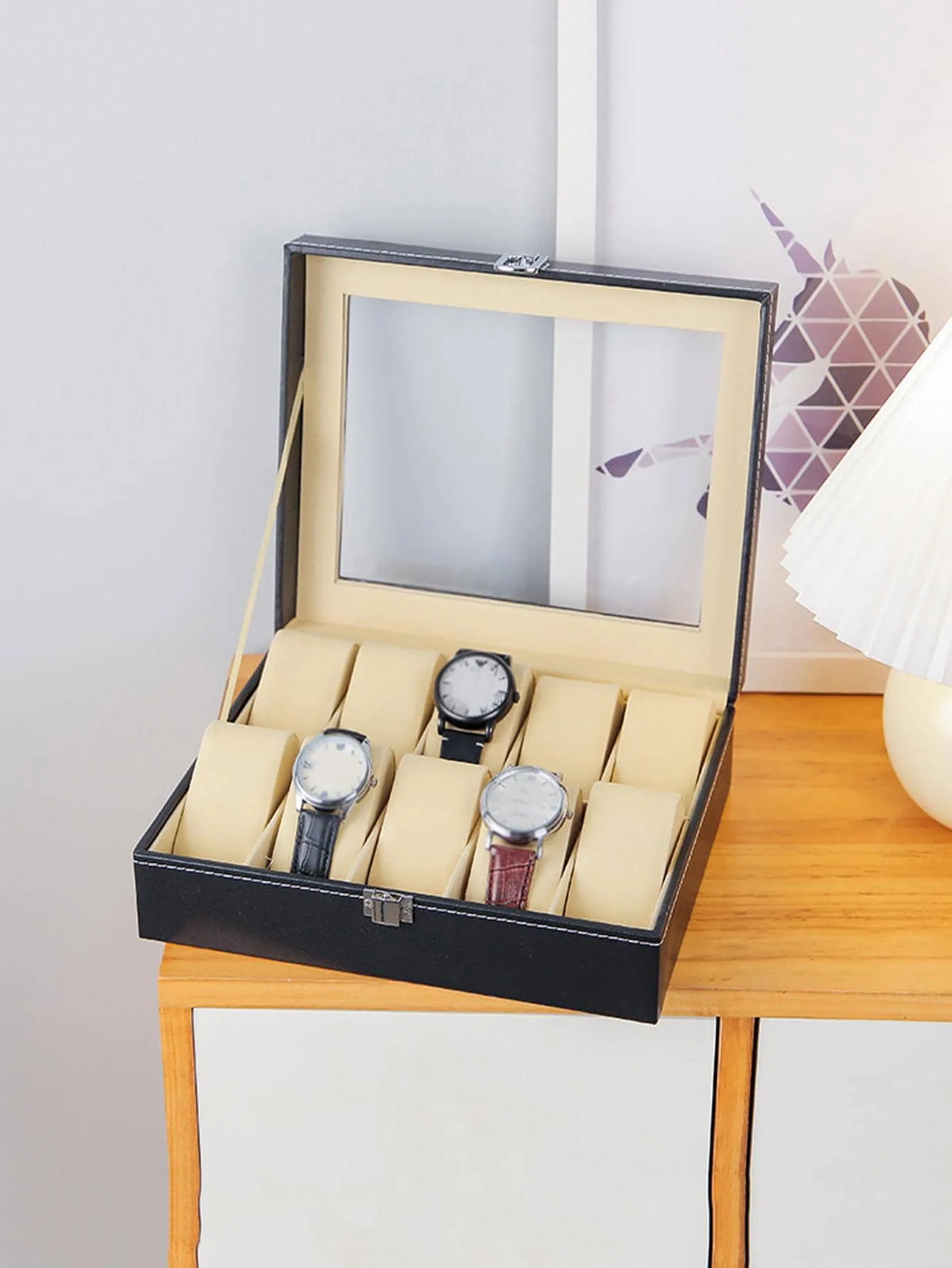 1pc Stitch Detail Watch Storage Box, Clear Black PU Watch Display Box For Home Storage