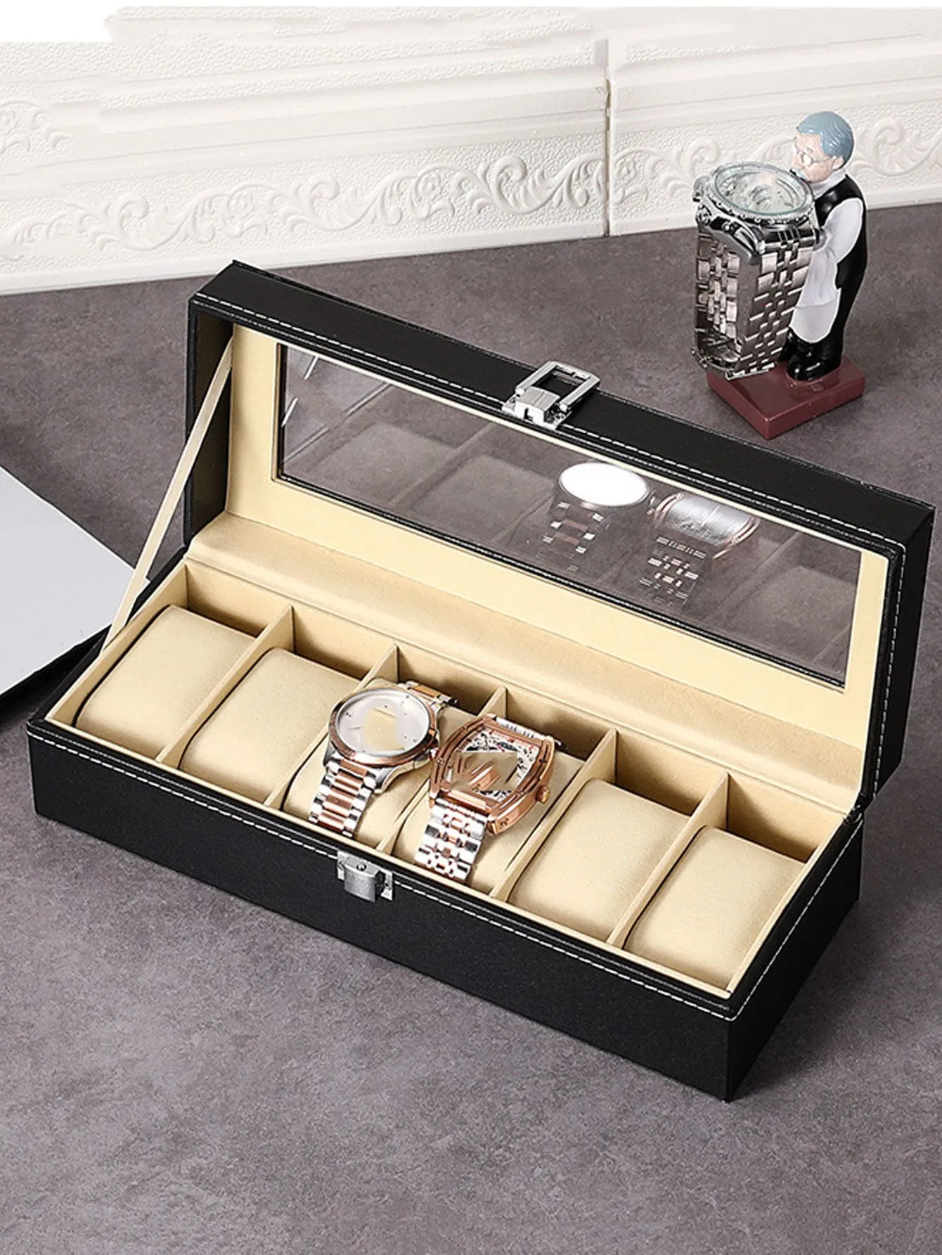 1pc Stitch Detail Watch Storage Box, Clear Black PU Watch Display Box For Home Storage