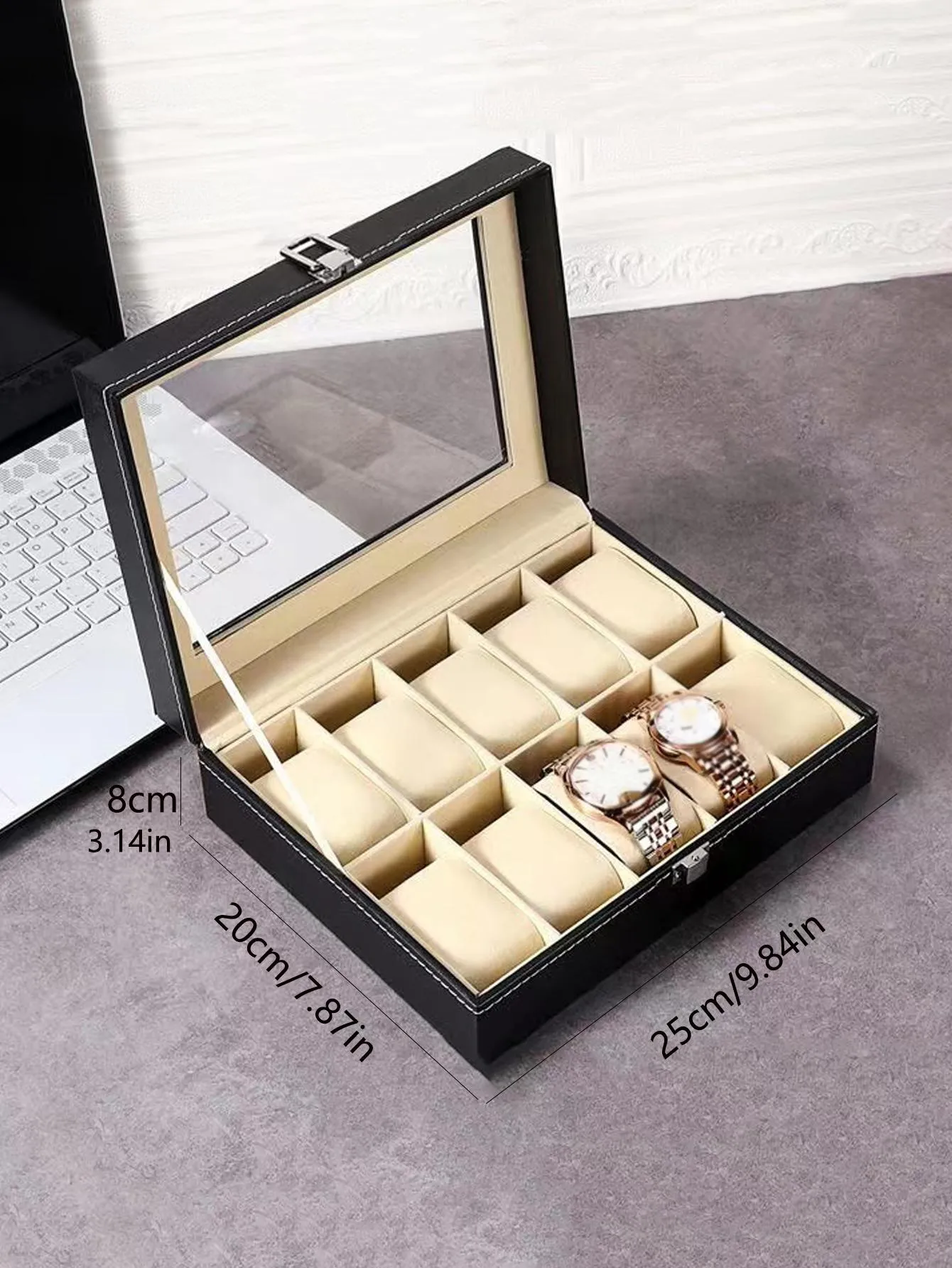 1pc Stitch Detail Watch Storage Box, Clear Black PU Watch Display Box For Home Storage