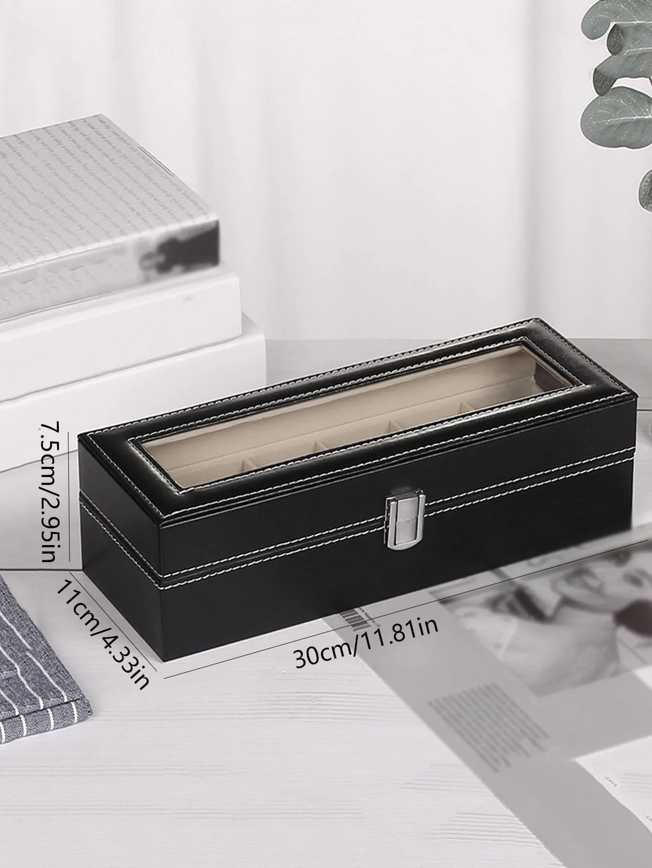 1pc Stitch Detail Watch Storage Box, Clear Black PU Watch Display Box For Home Storage