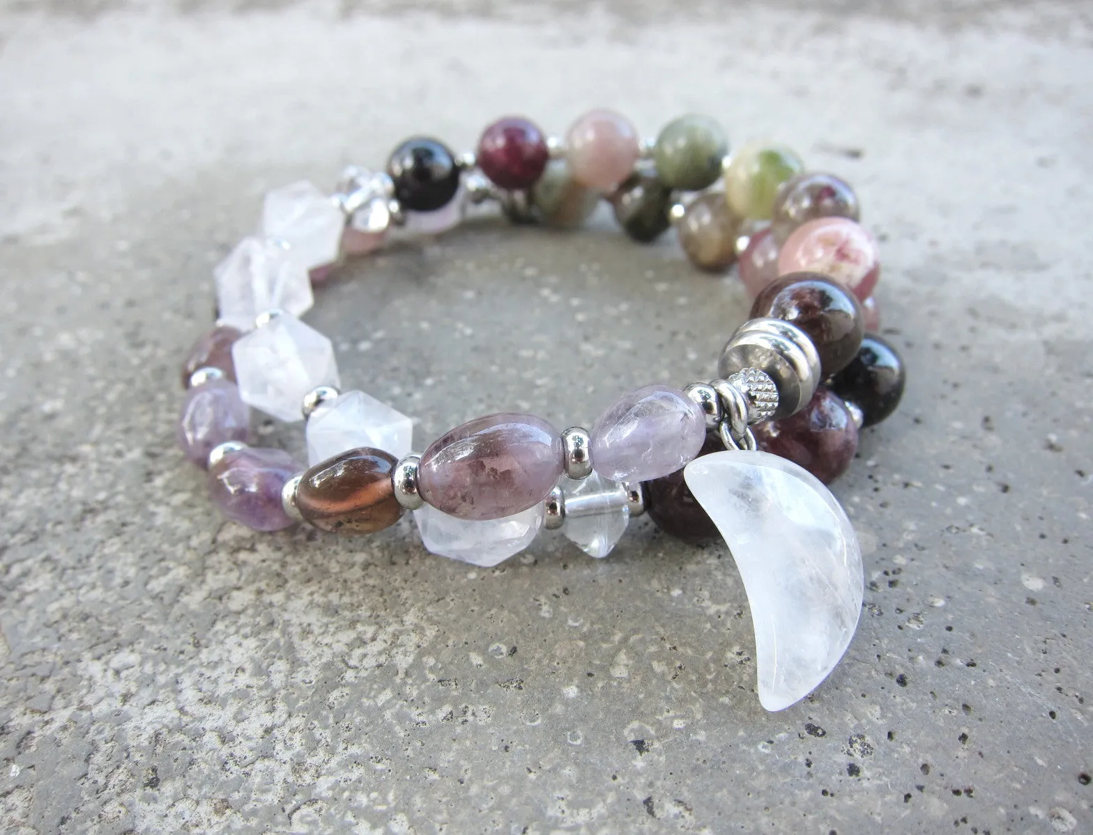 27 Bead in Watermelon Tourmaline, Purple Phantom Quartz, Rose Quartz and Moonstone