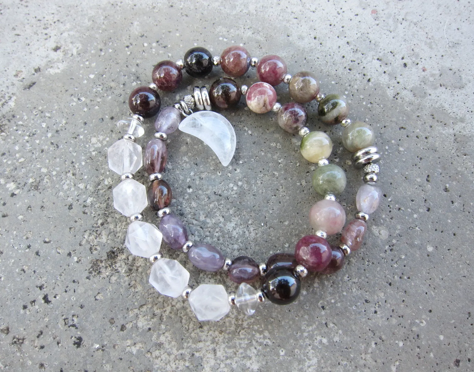 27 Bead in Watermelon Tourmaline, Purple Phantom Quartz, Rose Quartz and Moonstone