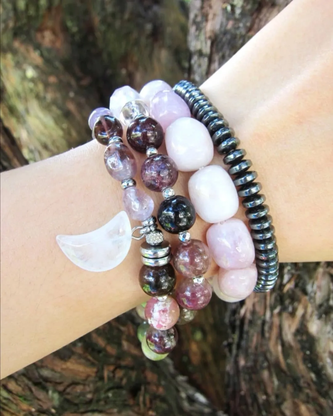 27 Bead in Watermelon Tourmaline, Purple Phantom Quartz, Rose Quartz and Moonstone