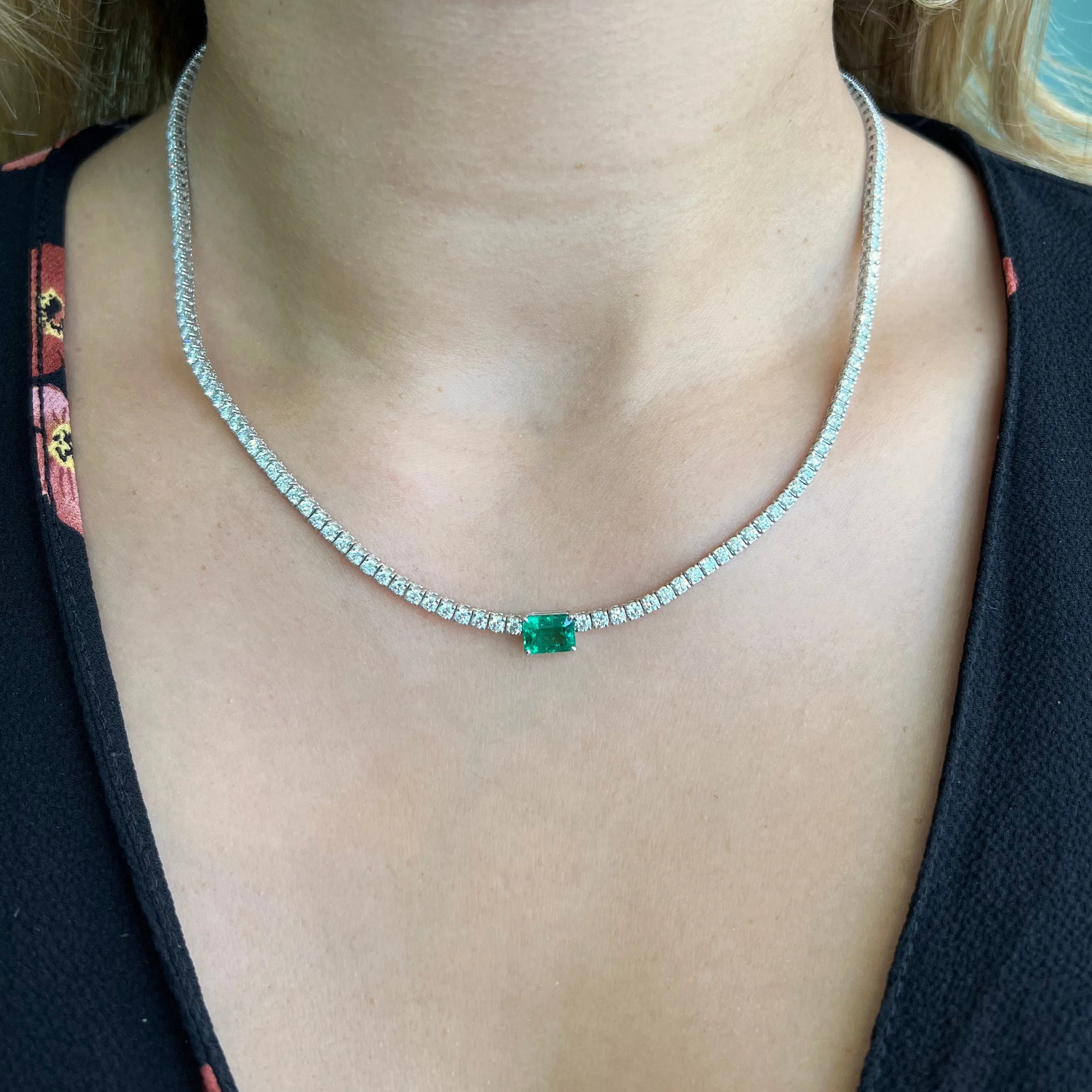 AFJ Diamond Collection - Diamond and Emerald Riviere Necklace, 18k White Gold