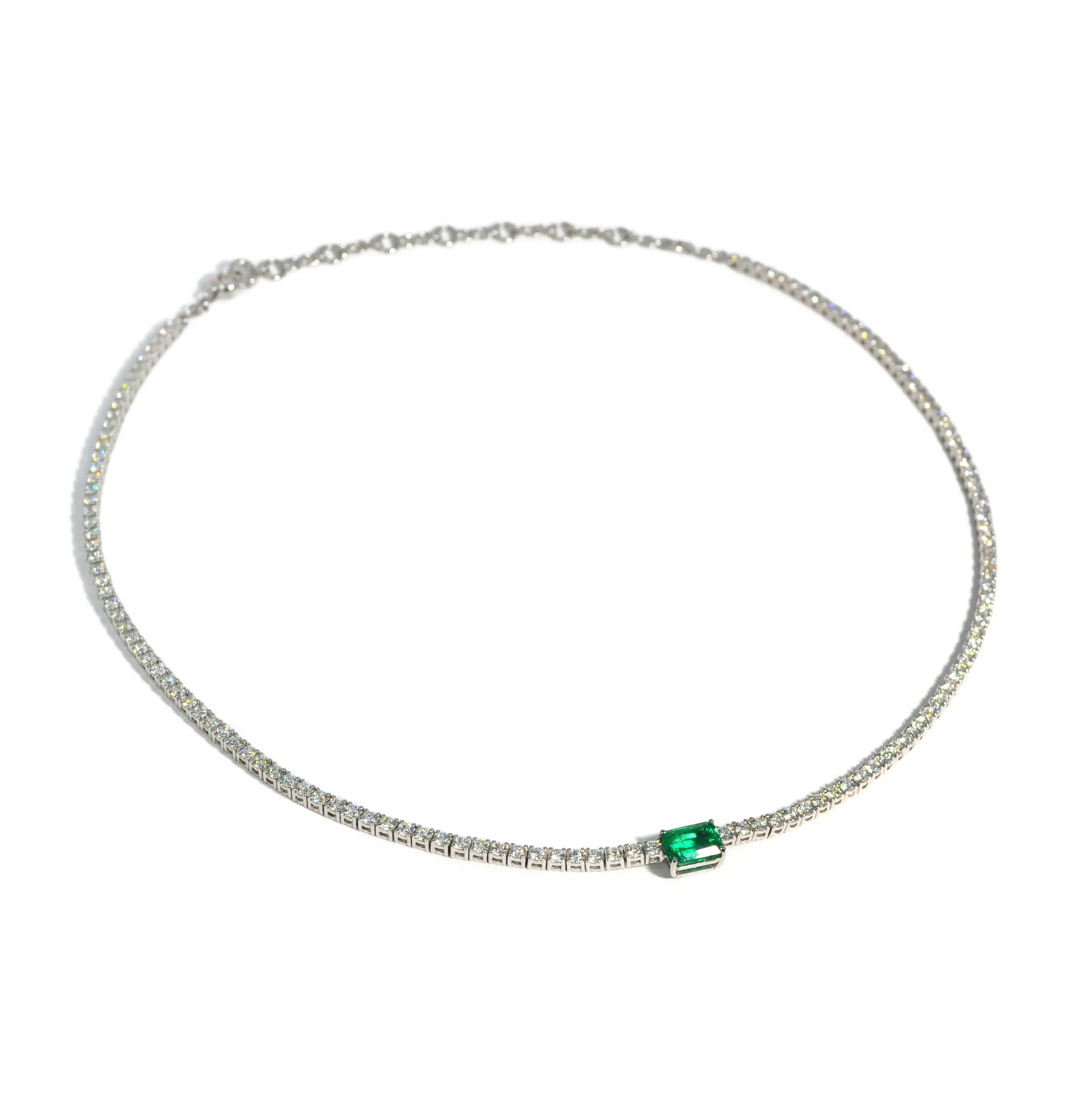 AFJ Diamond Collection - Diamond and Emerald Riviere Necklace, 18k White Gold