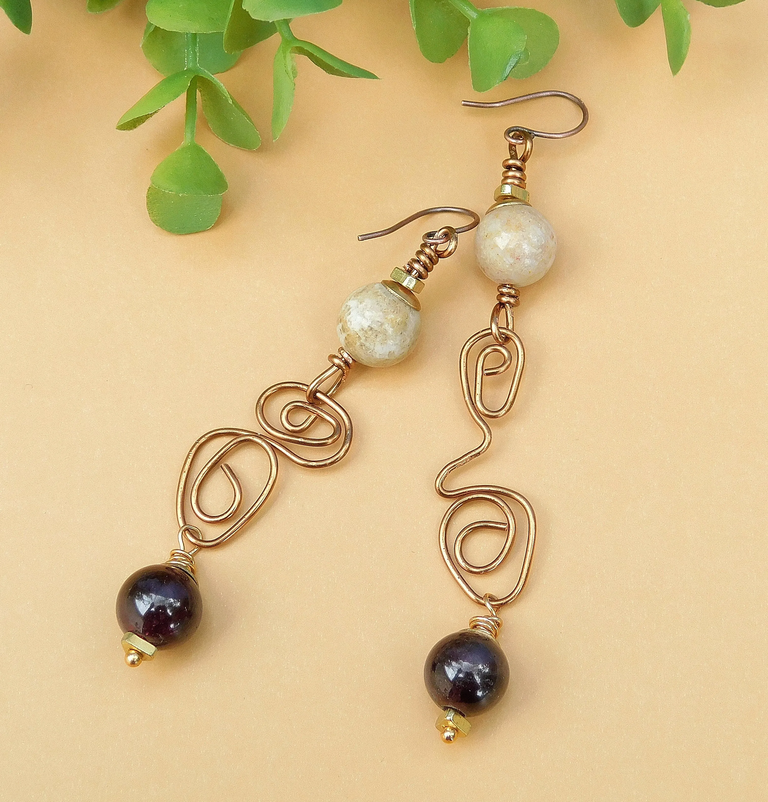 Amethyst Copper Swirly Earrings