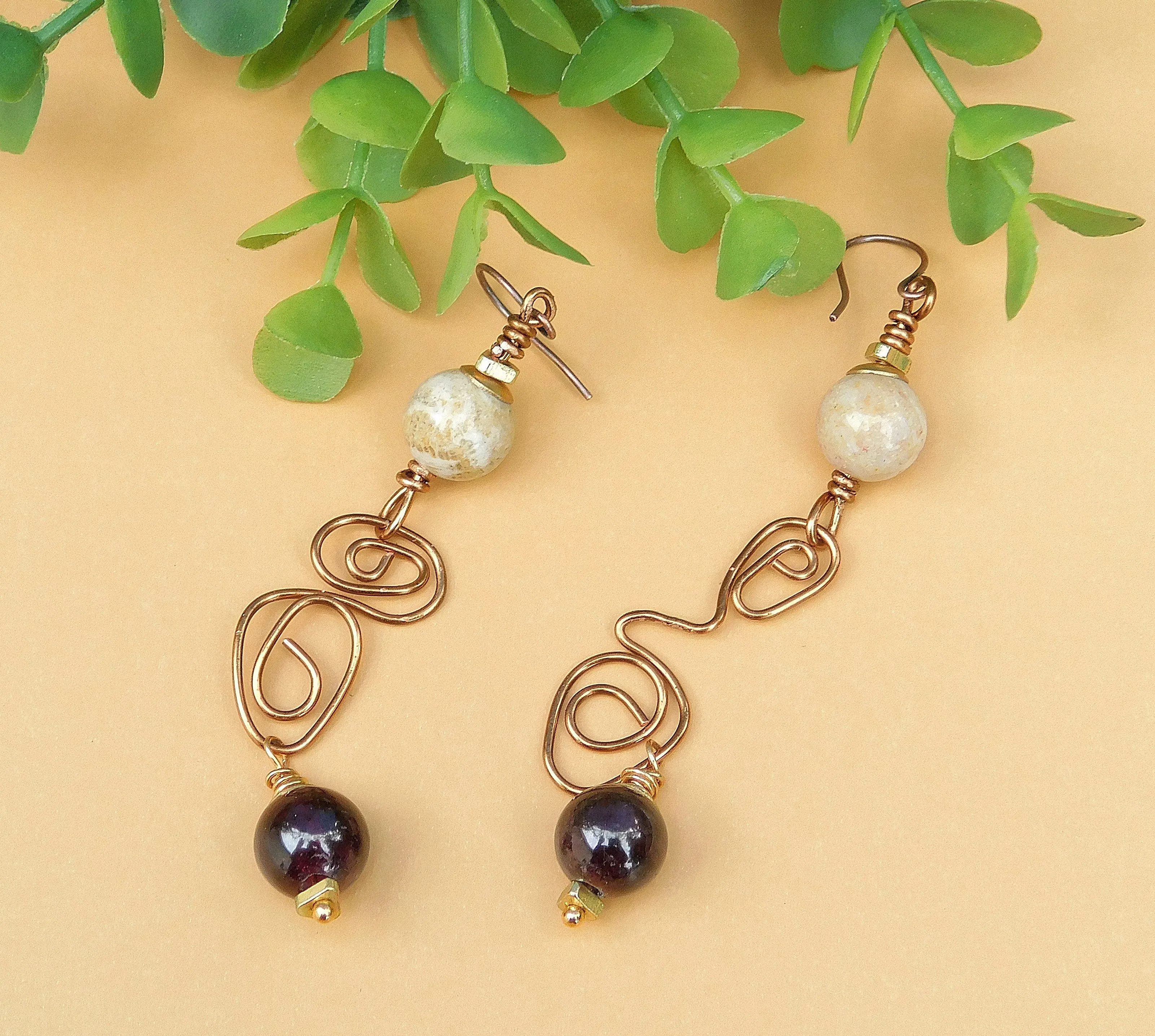 Amethyst Copper Swirly Earrings