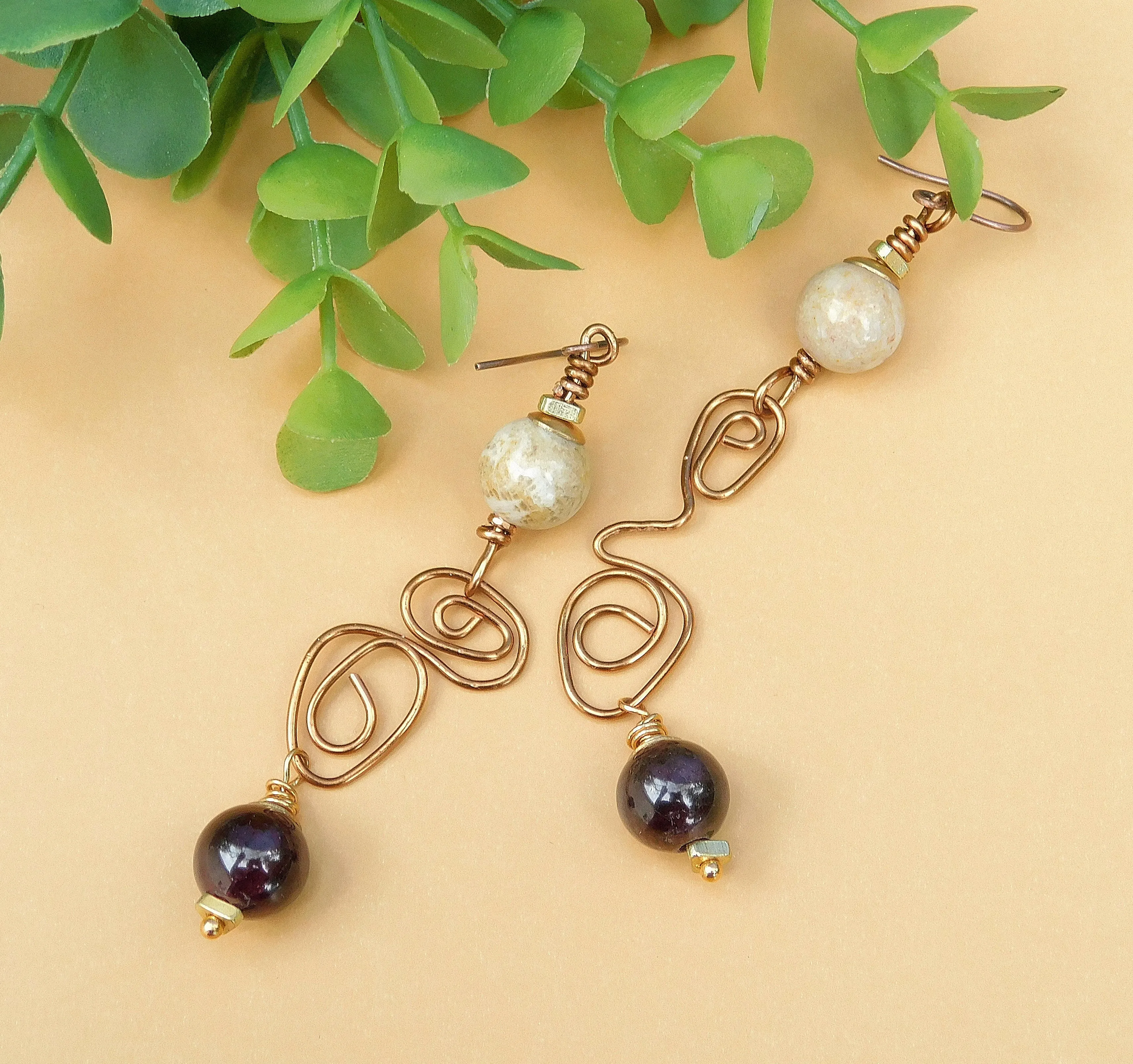 Amethyst Copper Swirly Earrings