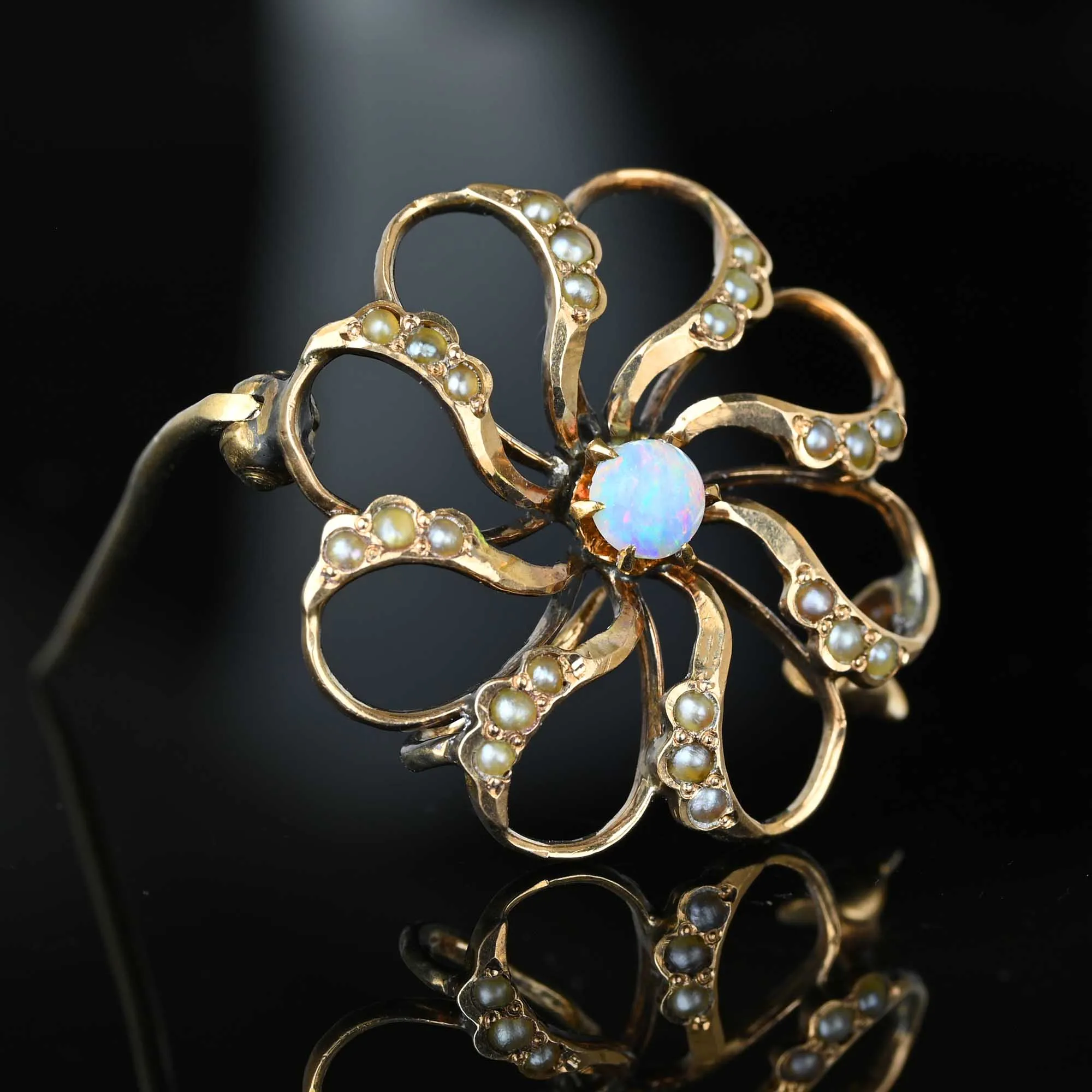 Antique Gold Seed Pearl Floral Opal Brooch in 10K Gold