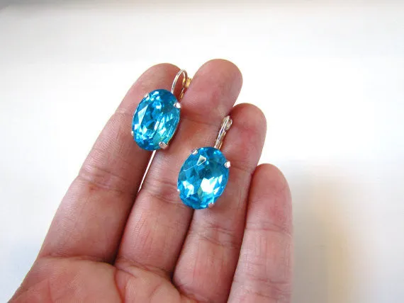 Aquamarine Blue Crystal Earrings - Large Oval