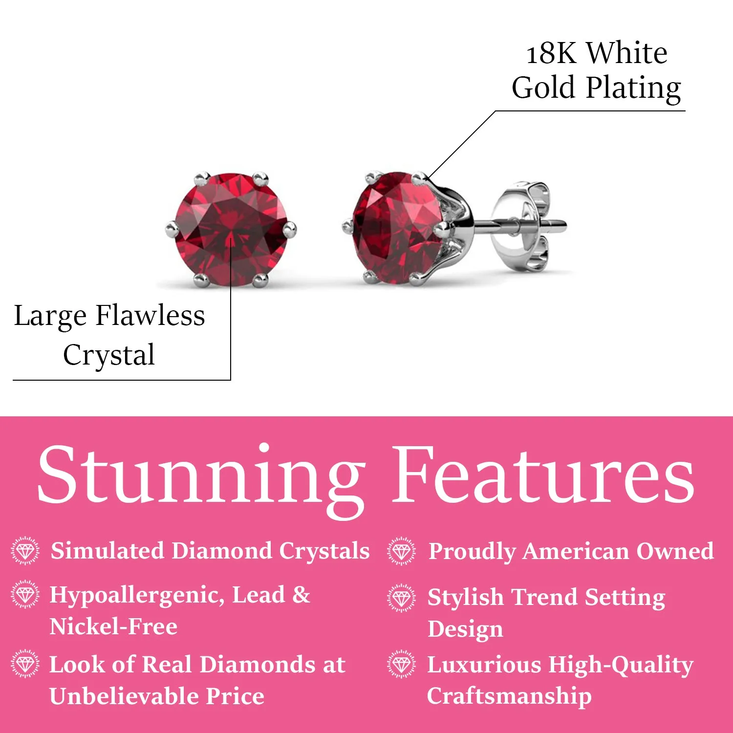 Birthstone Earrings, 18k White Gold Plated Stud Earrings with 1CT Crystals