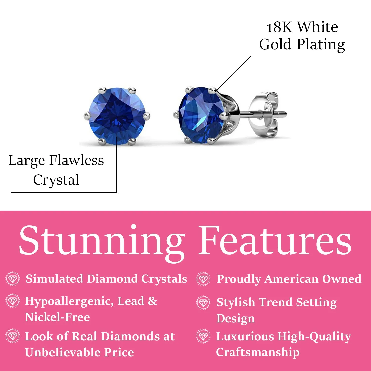 Birthstone Earrings, 18k White Gold Plated Stud Earrings with 1CT Crystals