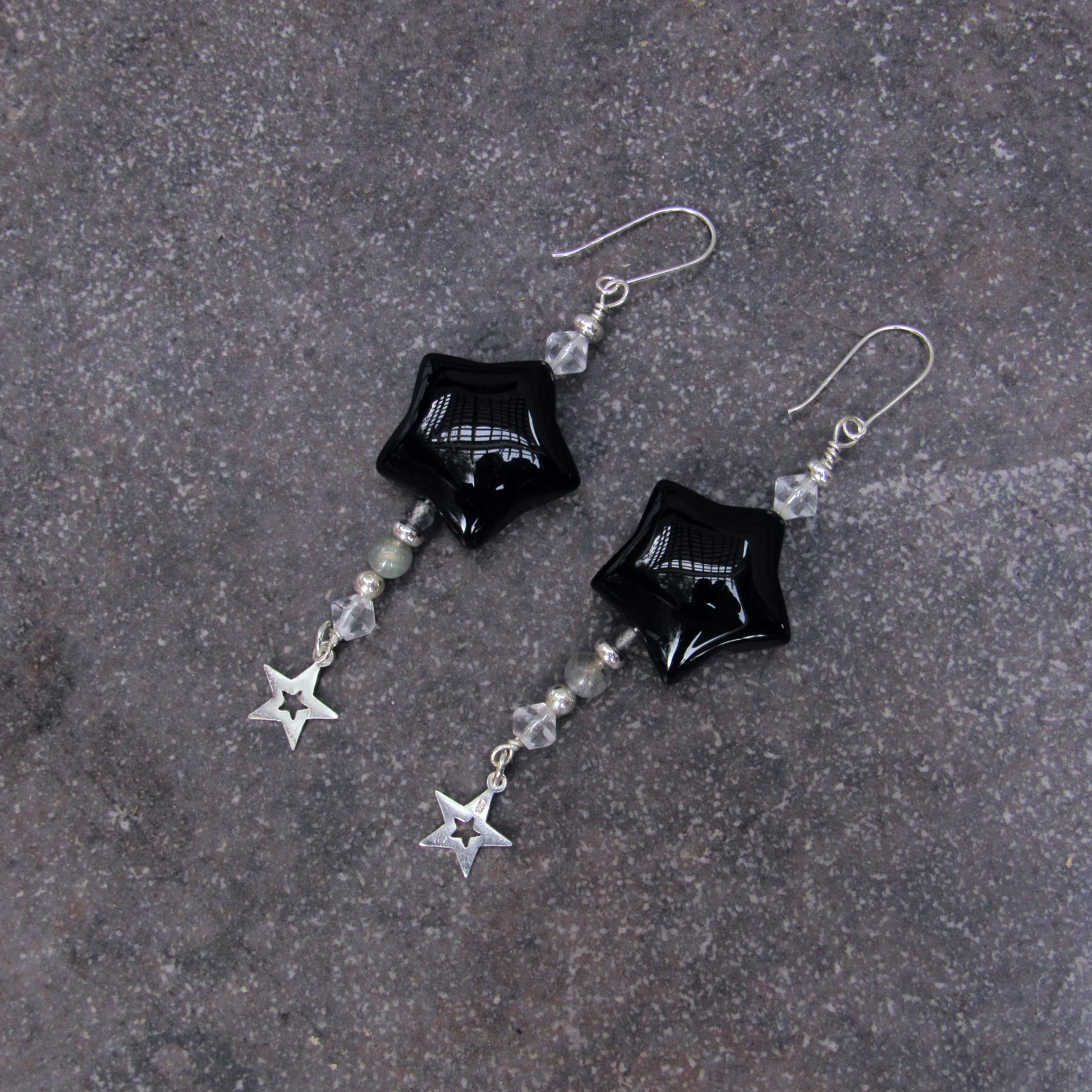 Black Agate Star, Labradorite, Clear Quartz gemstone, and Sterling Silver Drop Earrings