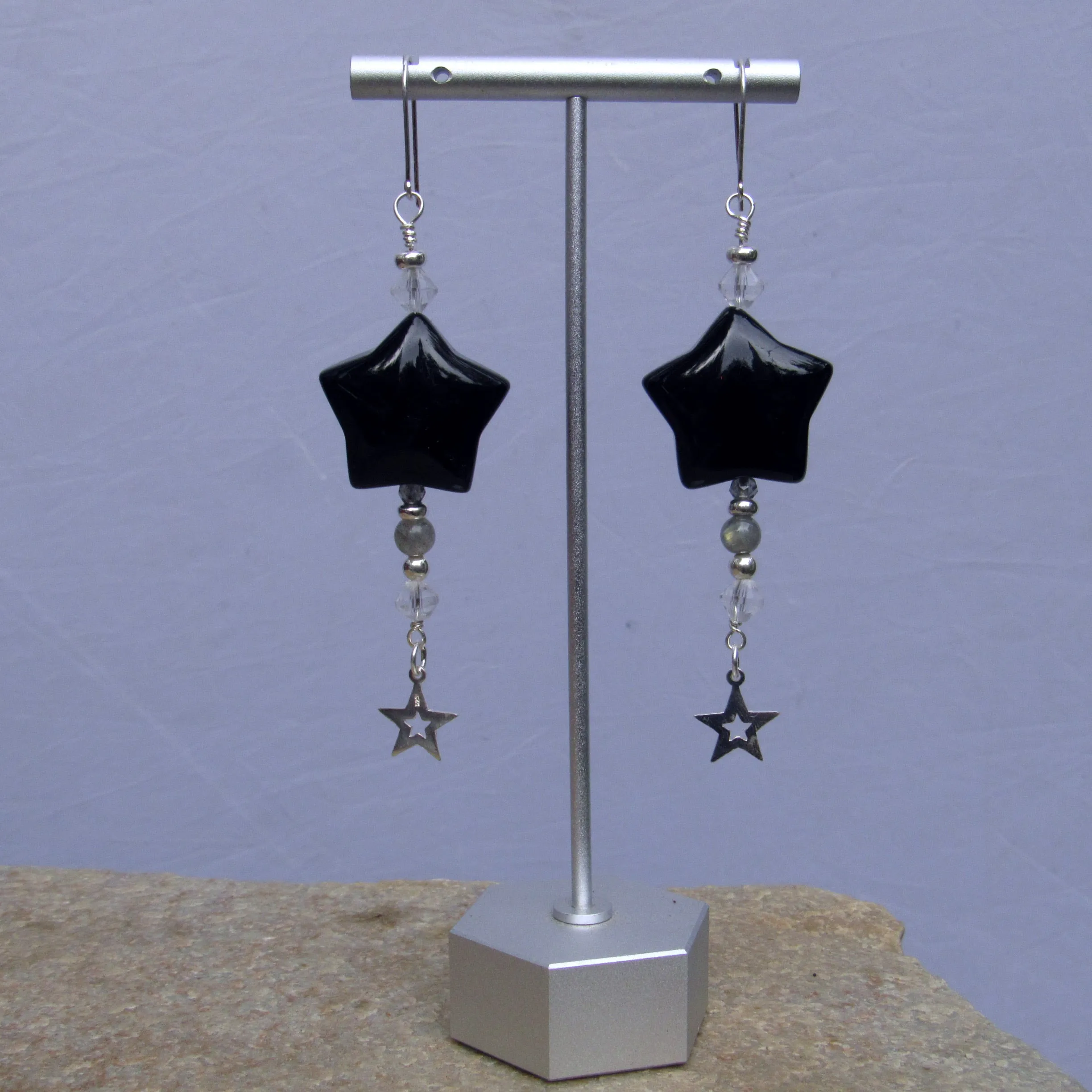 Black Agate Star, Labradorite, Clear Quartz gemstone, and Sterling Silver Drop Earrings