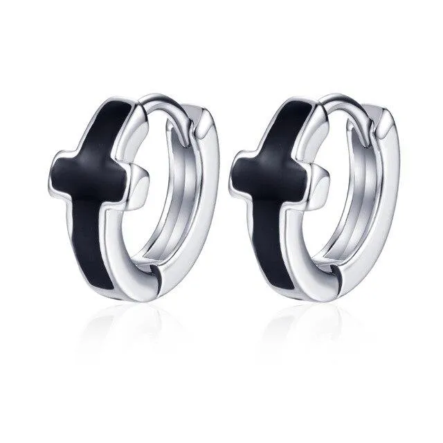 Black & Silver Circle Cross Hoop Earrings