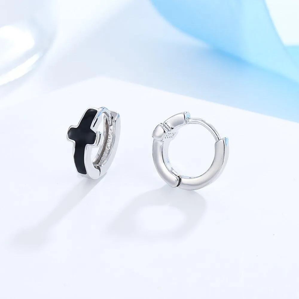 Black & Silver Circle Cross Hoop Earrings