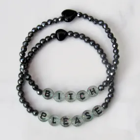 Black Hematite and Onyx gemstone Heart “BITCH PLEASE” stretch bracelet