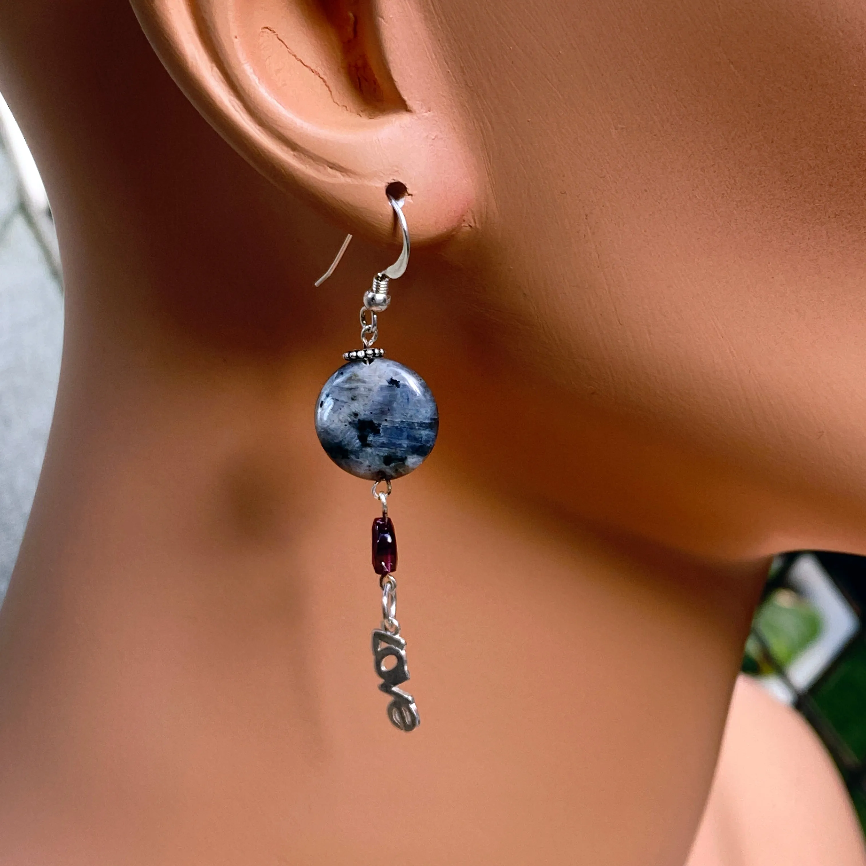 Black Labradorite, Garnet Gemetone Hearts, Sterling Silver Drop Earrings