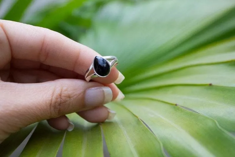 Black Onyx Natural Gemstone 925 Sterling Silver Tear Drop Ring,Handmade Jewelry,For Her