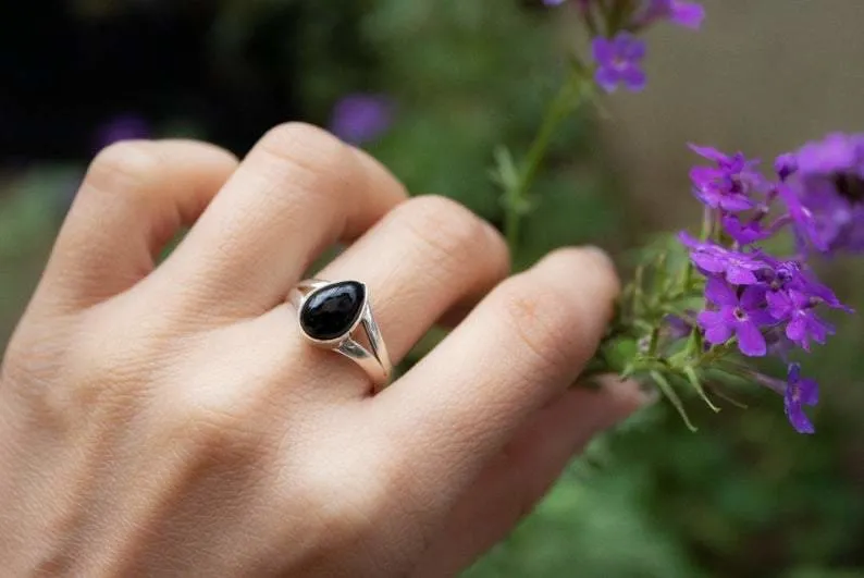 Black Onyx Natural Gemstone 925 Sterling Silver Tear Drop Ring,Handmade Jewelry,For Her