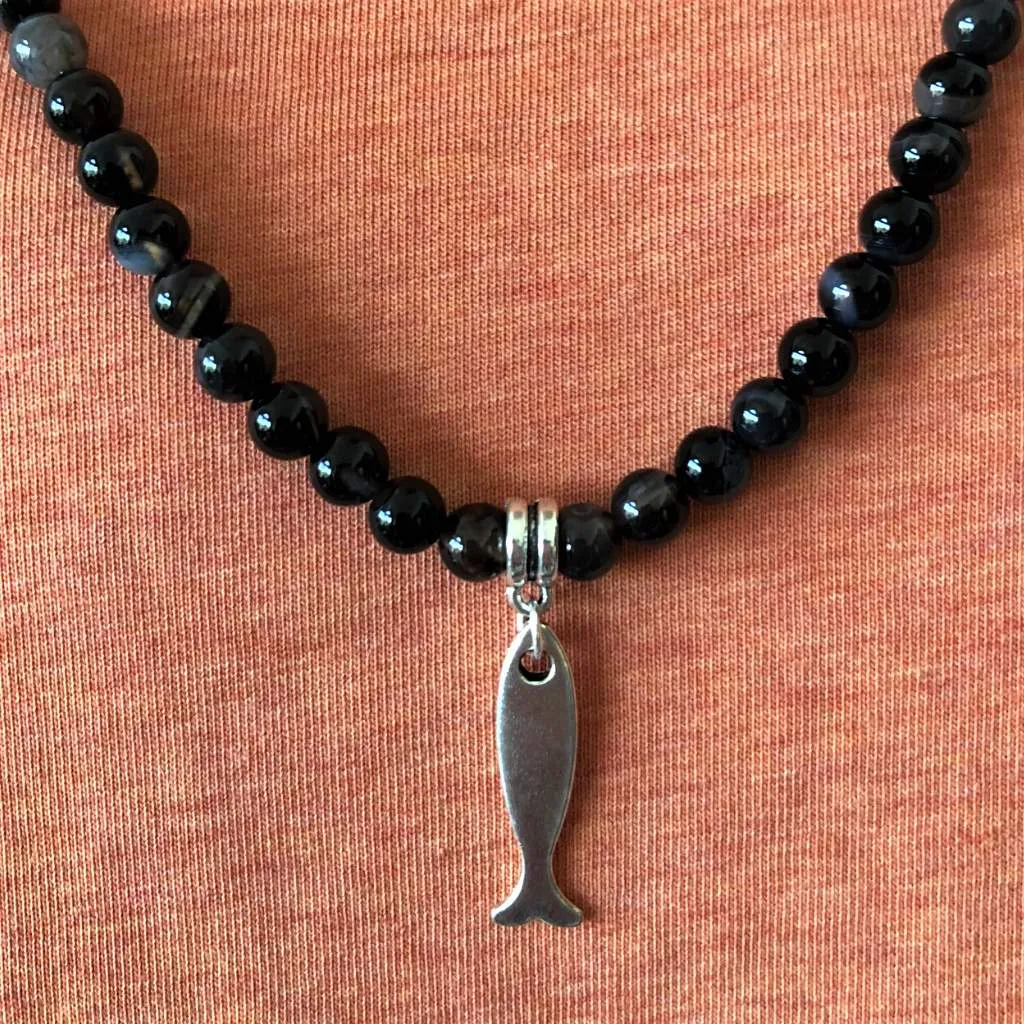 Black Sardonyx Mens Beaded Necklace With Silver Fish Charm