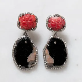 Black Tourmaline and Carved Coral Earrings