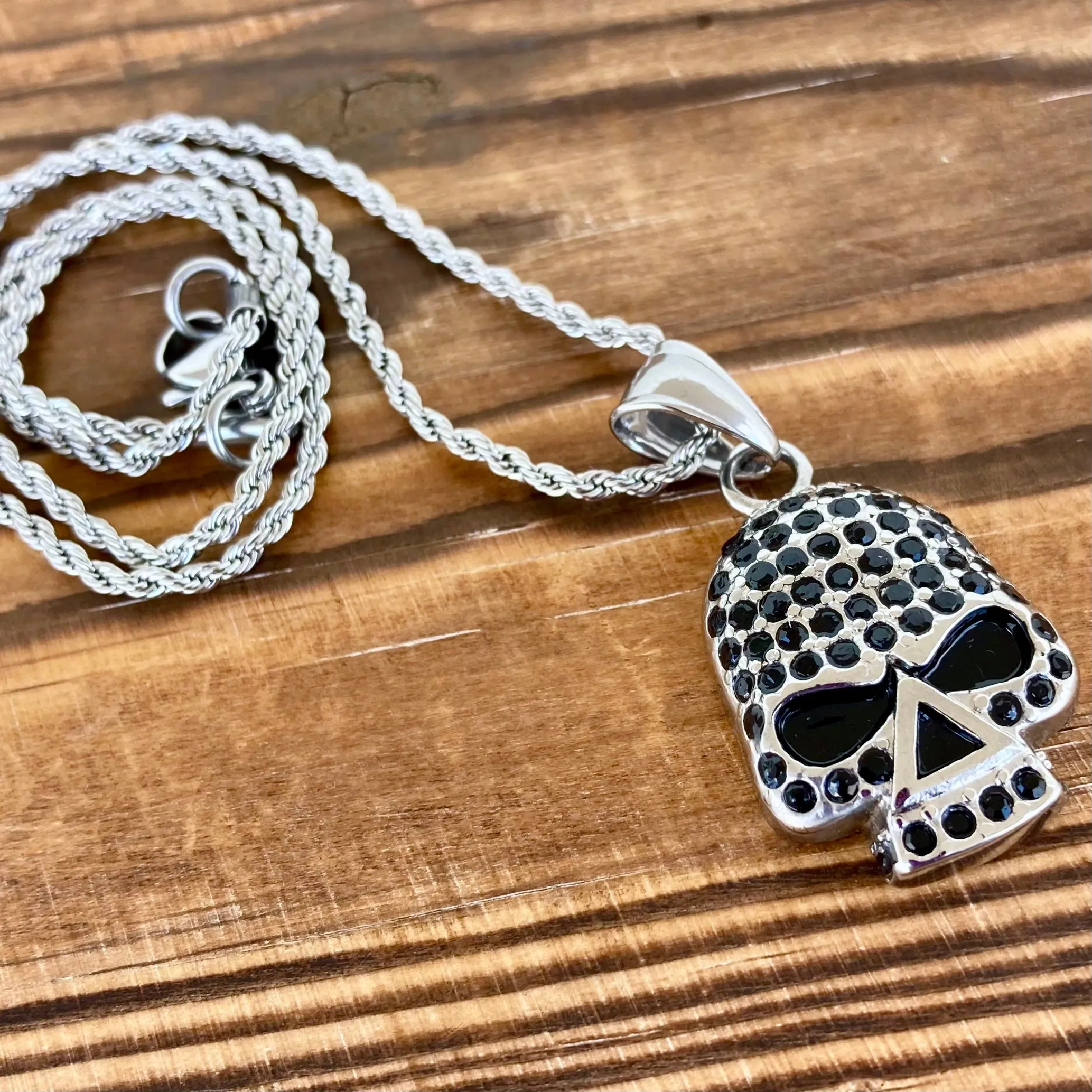 Bling Skull Pendant - Black Stone Pendant - Rope Necklace or Omega - SK2594