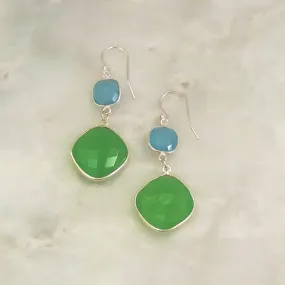 Blue Agate and Apple Green Chalcedony Double Drop Earrings