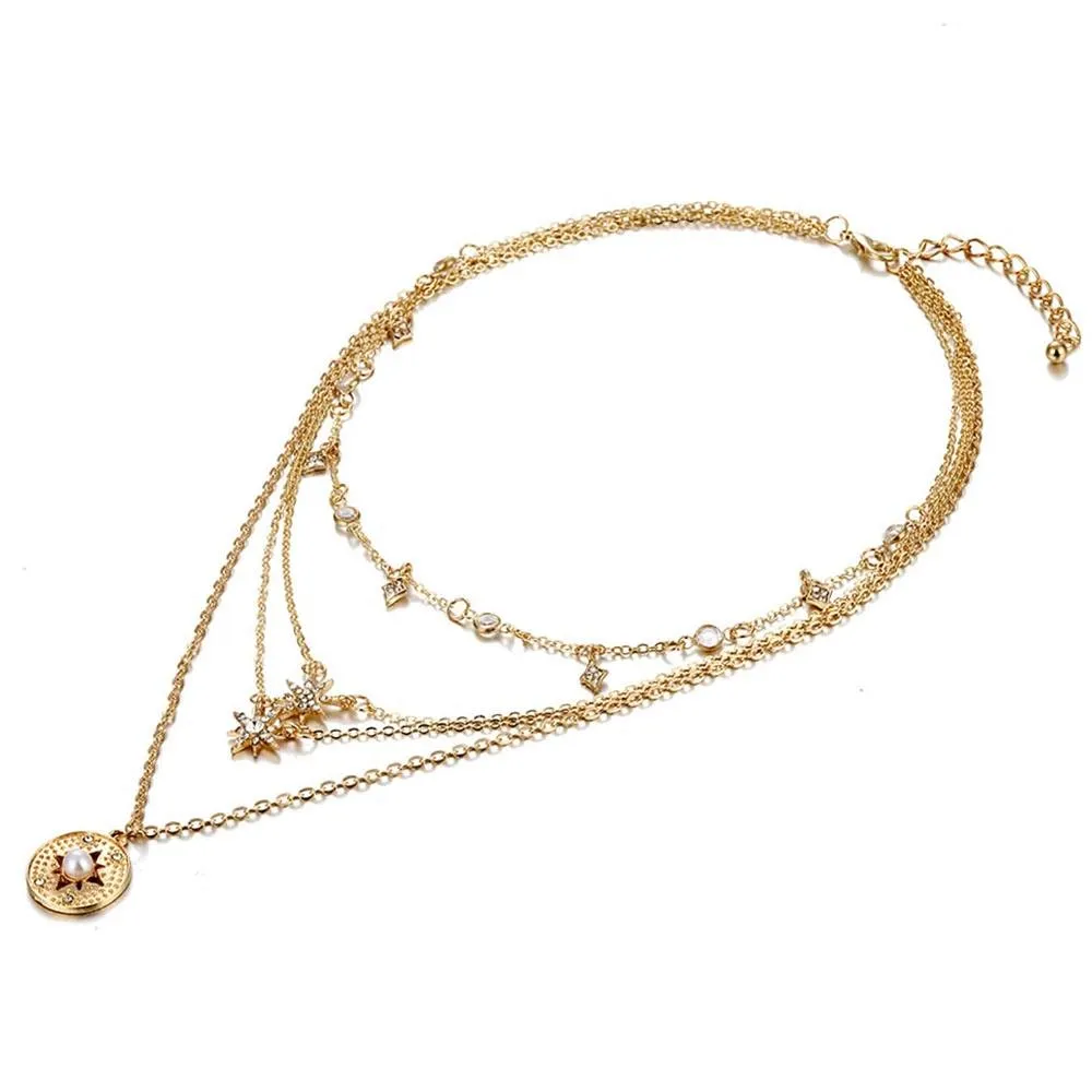 Bohemian Multilayer Stars & Pearl Drop Pendant Necklace