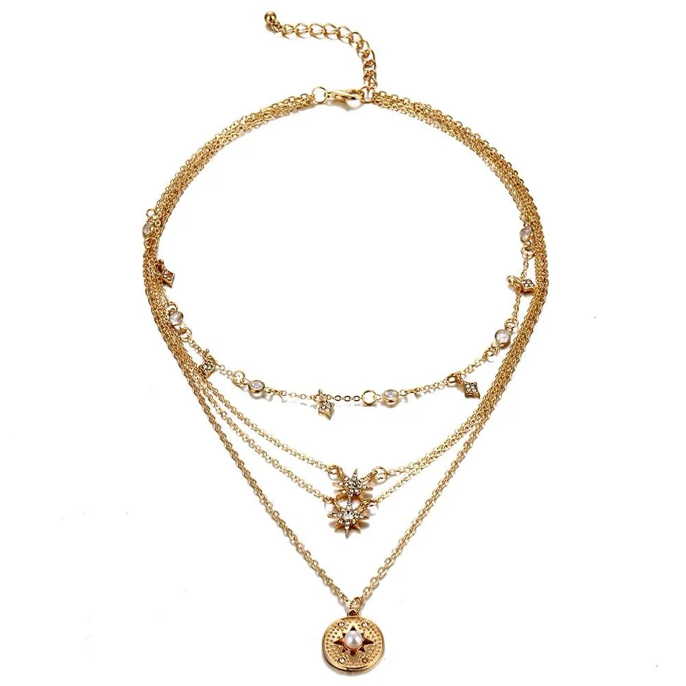 Bohemian Multilayer Stars & Pearl Drop Pendant Necklace