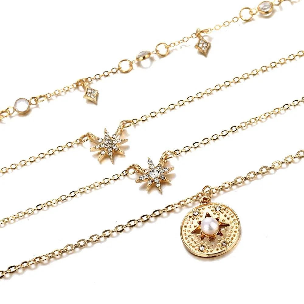 Bohemian Multilayer Stars & Pearl Drop Pendant Necklace