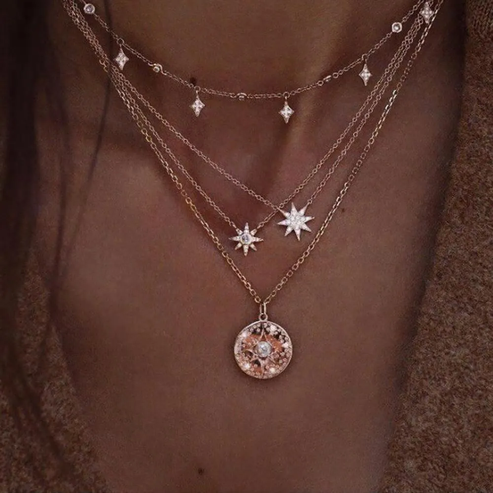 Bohemian Multilayer Stars & Pearl Drop Pendant Necklace