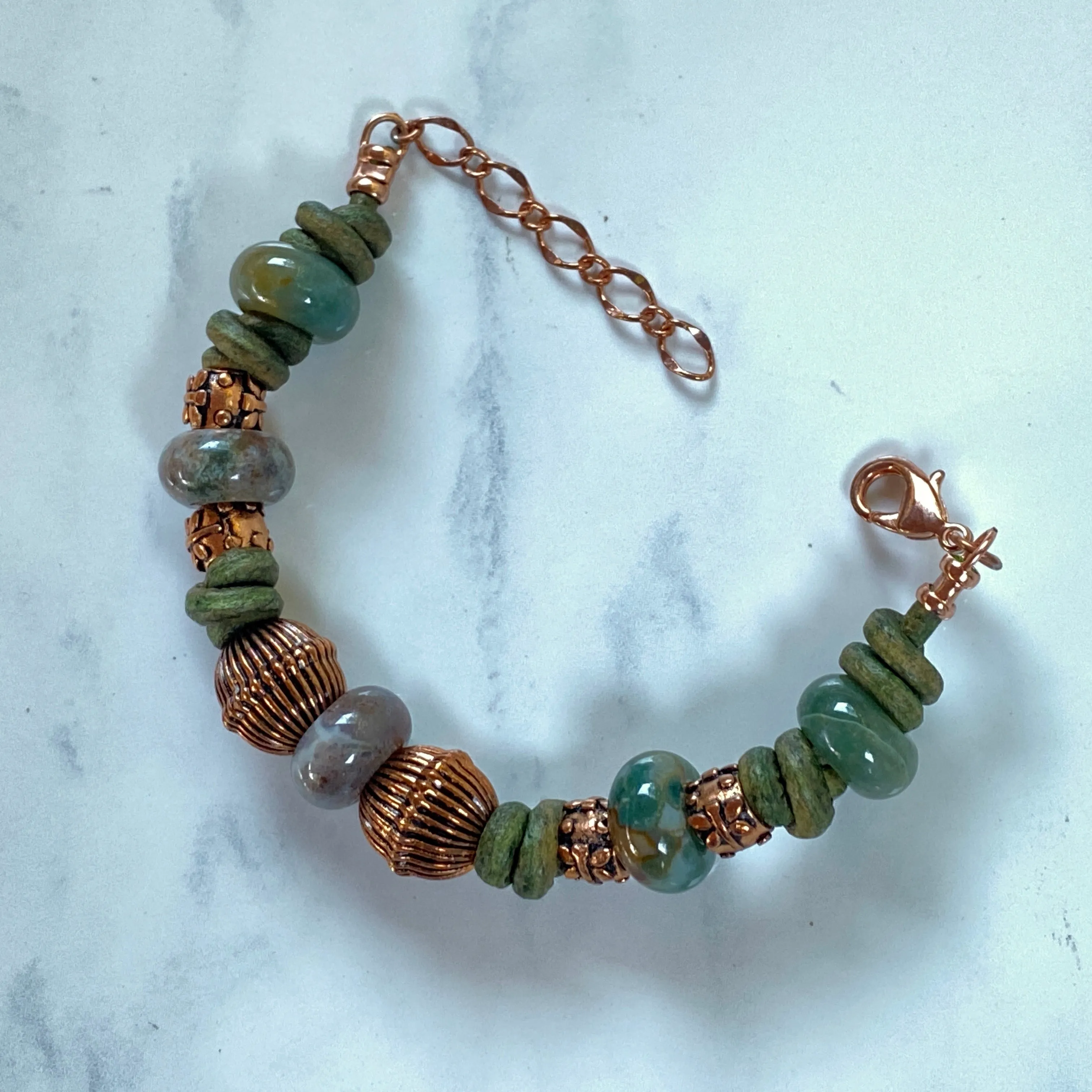 BoHo Bali Gemstone and Leather with copper Clasp Bracelets