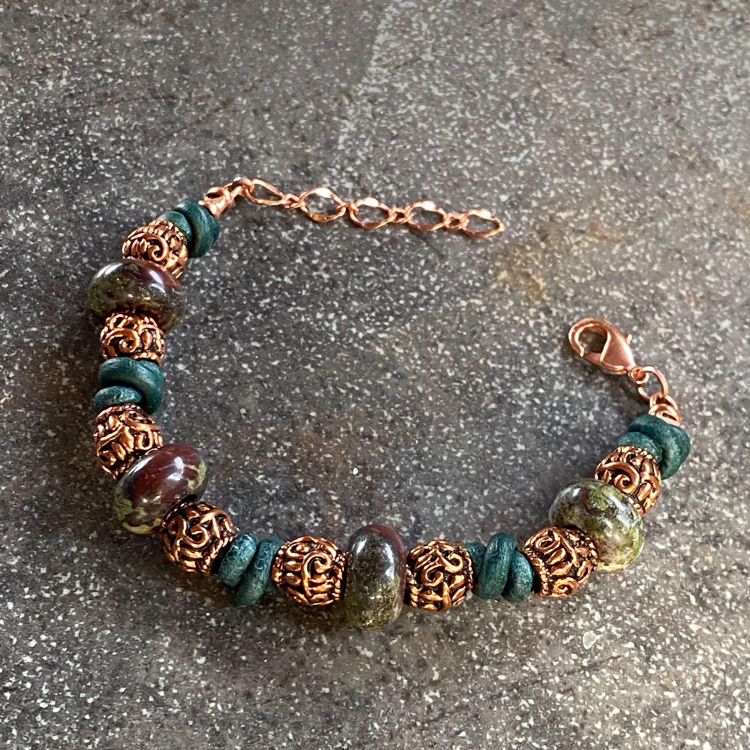 BoHo Bali Gemstone and Leather with copper Clasp Bracelets