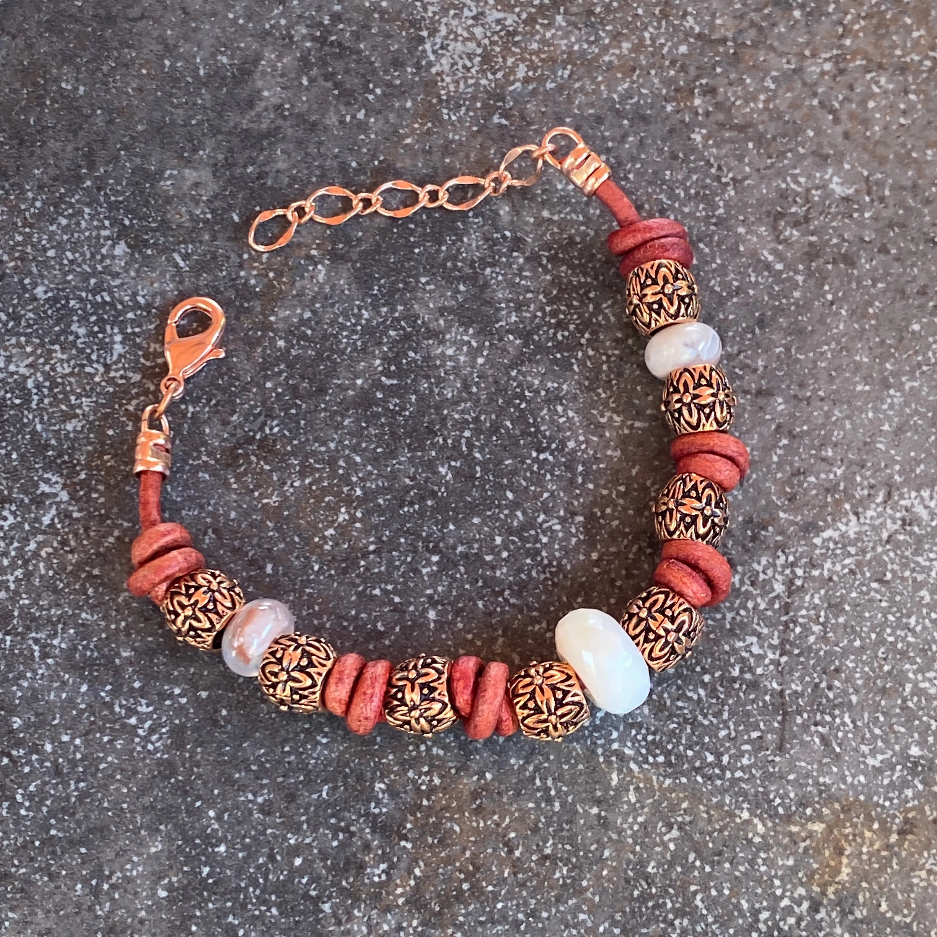 BoHo Bali Gemstone and Leather with copper Clasp Bracelets