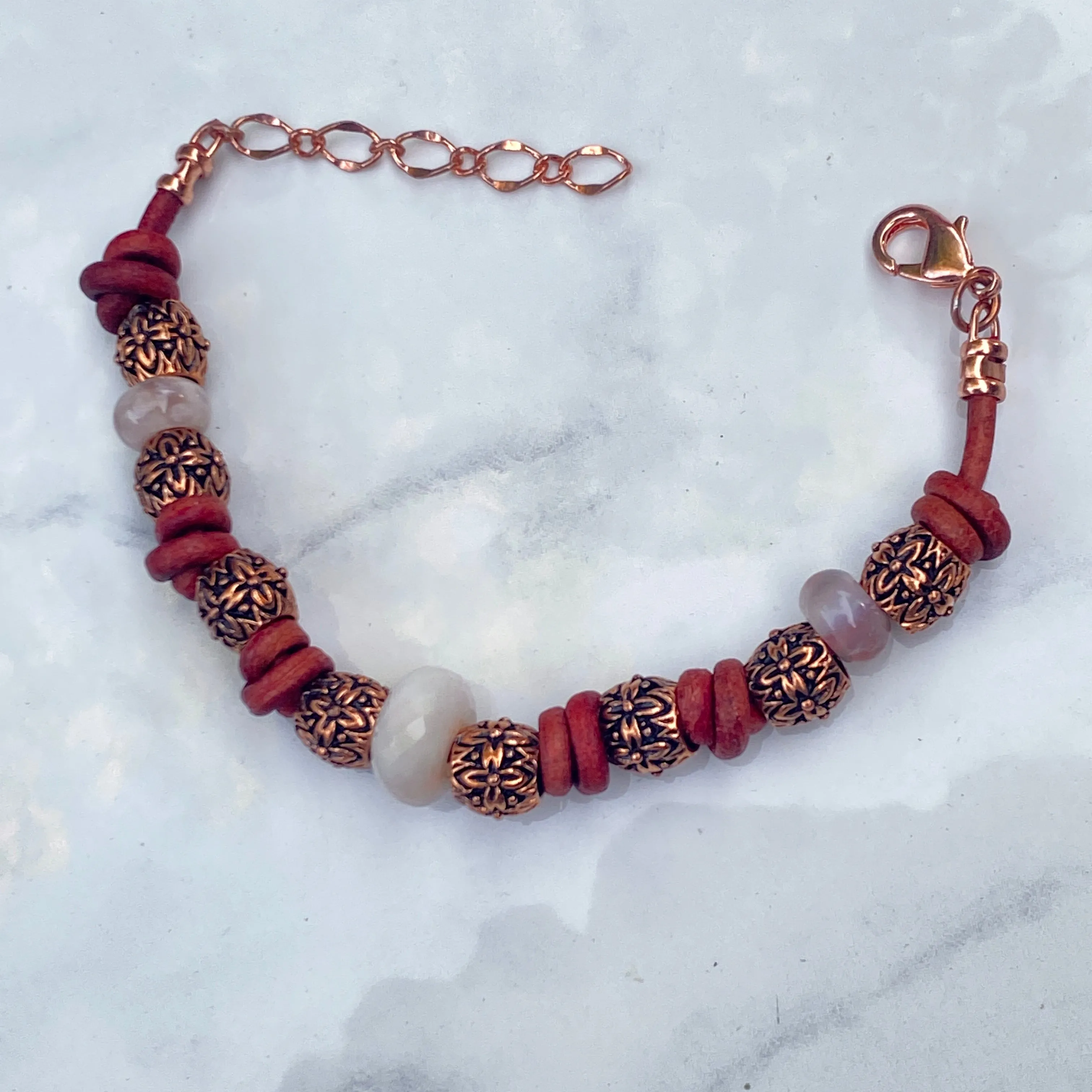 BoHo Bali Gemstone and Leather with copper Clasp Bracelets