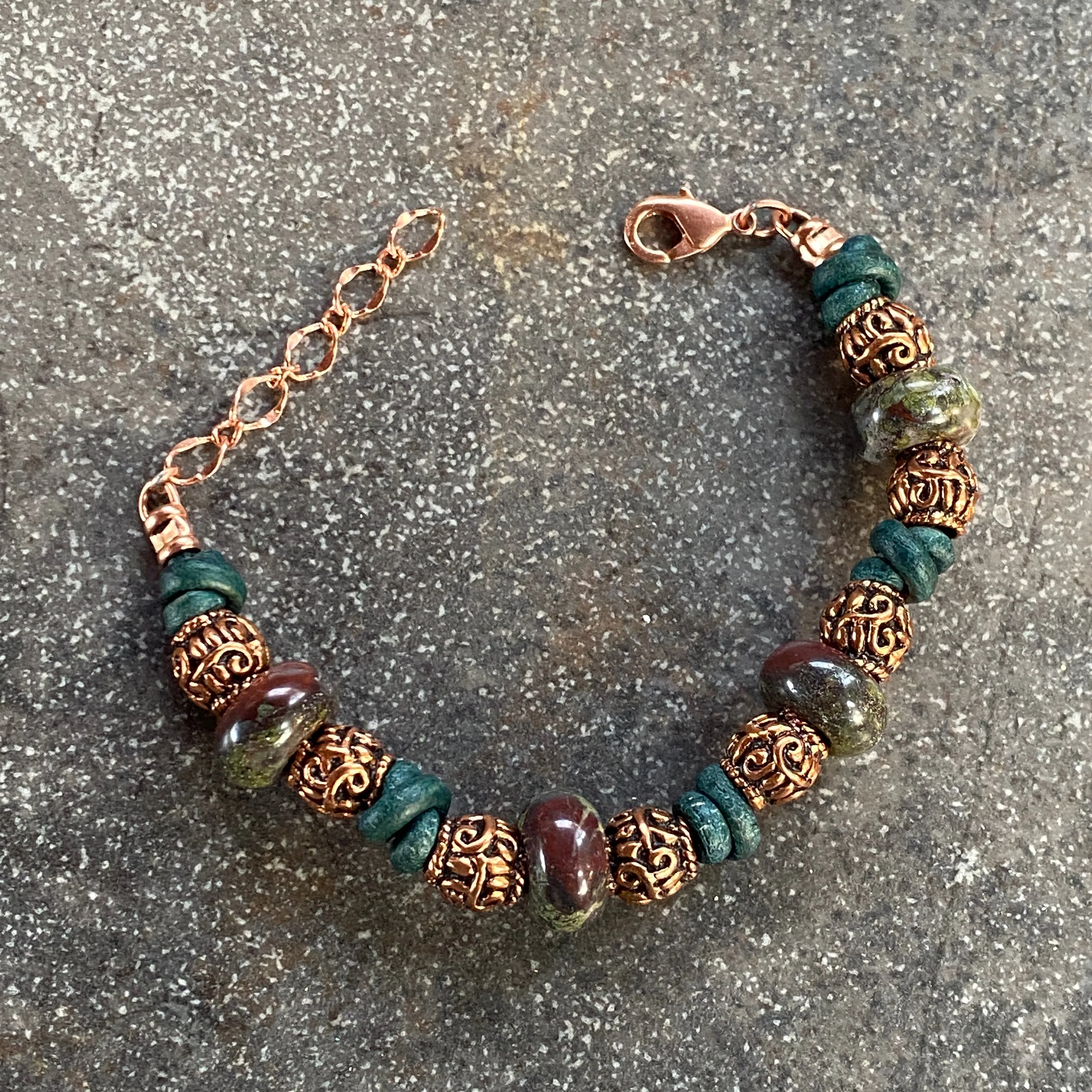 BoHo Bali Gemstone and Leather with copper Clasp Bracelets