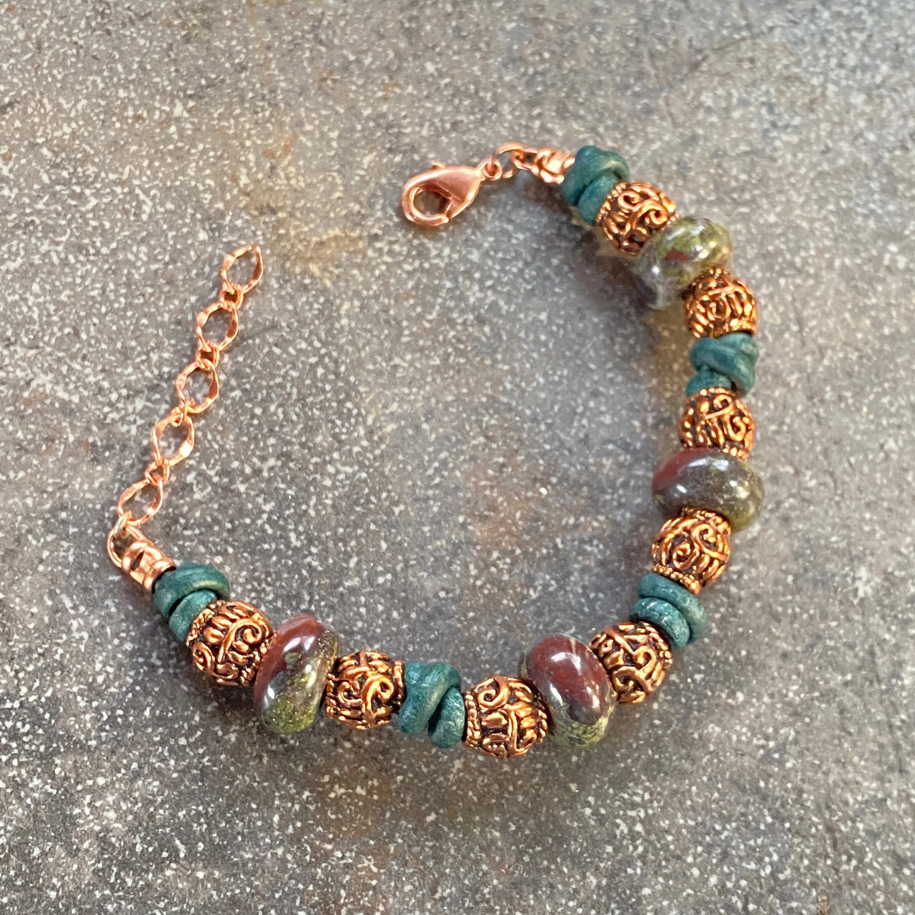 BoHo Bali Gemstone and Leather with copper Clasp Bracelets