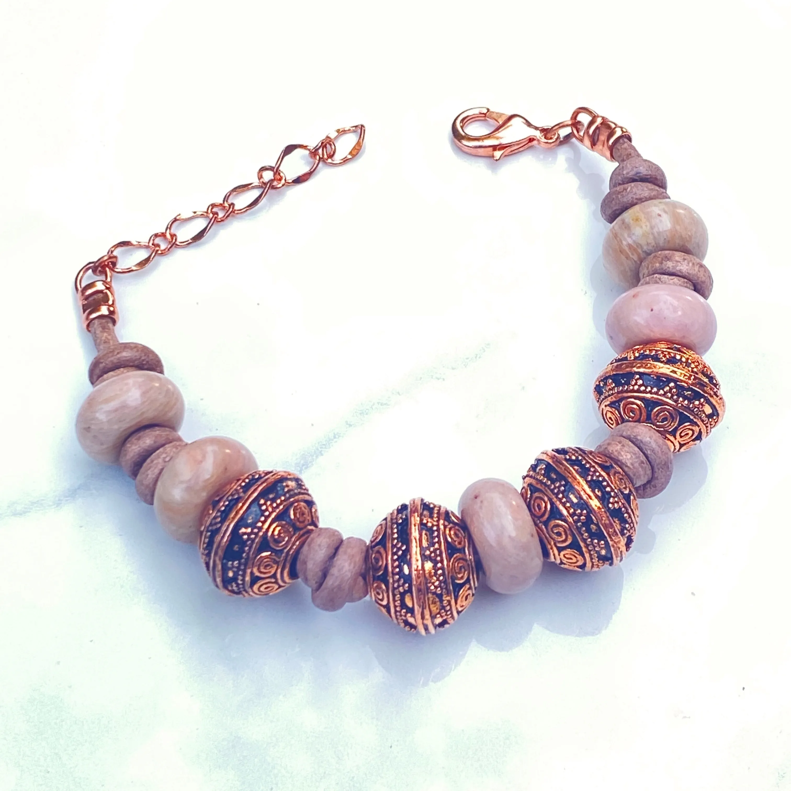 BoHo Bali Gemstone and Leather with copper Clasp Bracelets