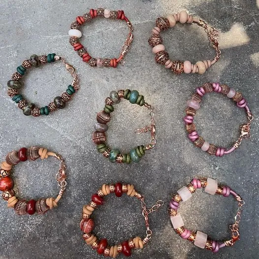 BoHo Bali Gemstone and Leather with copper Clasp Bracelets