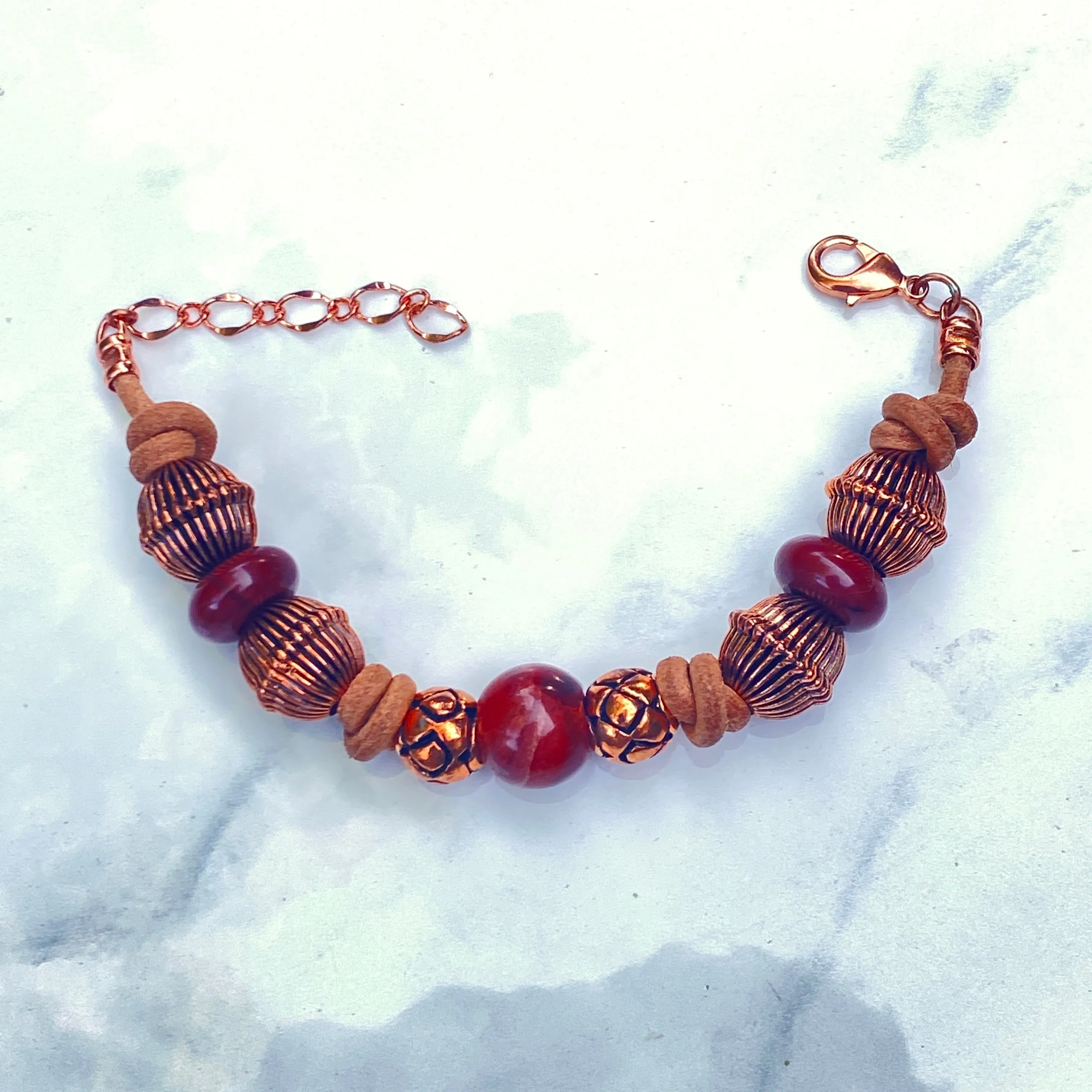 BoHo Bali Gemstone and Leather with copper Clasp Bracelets