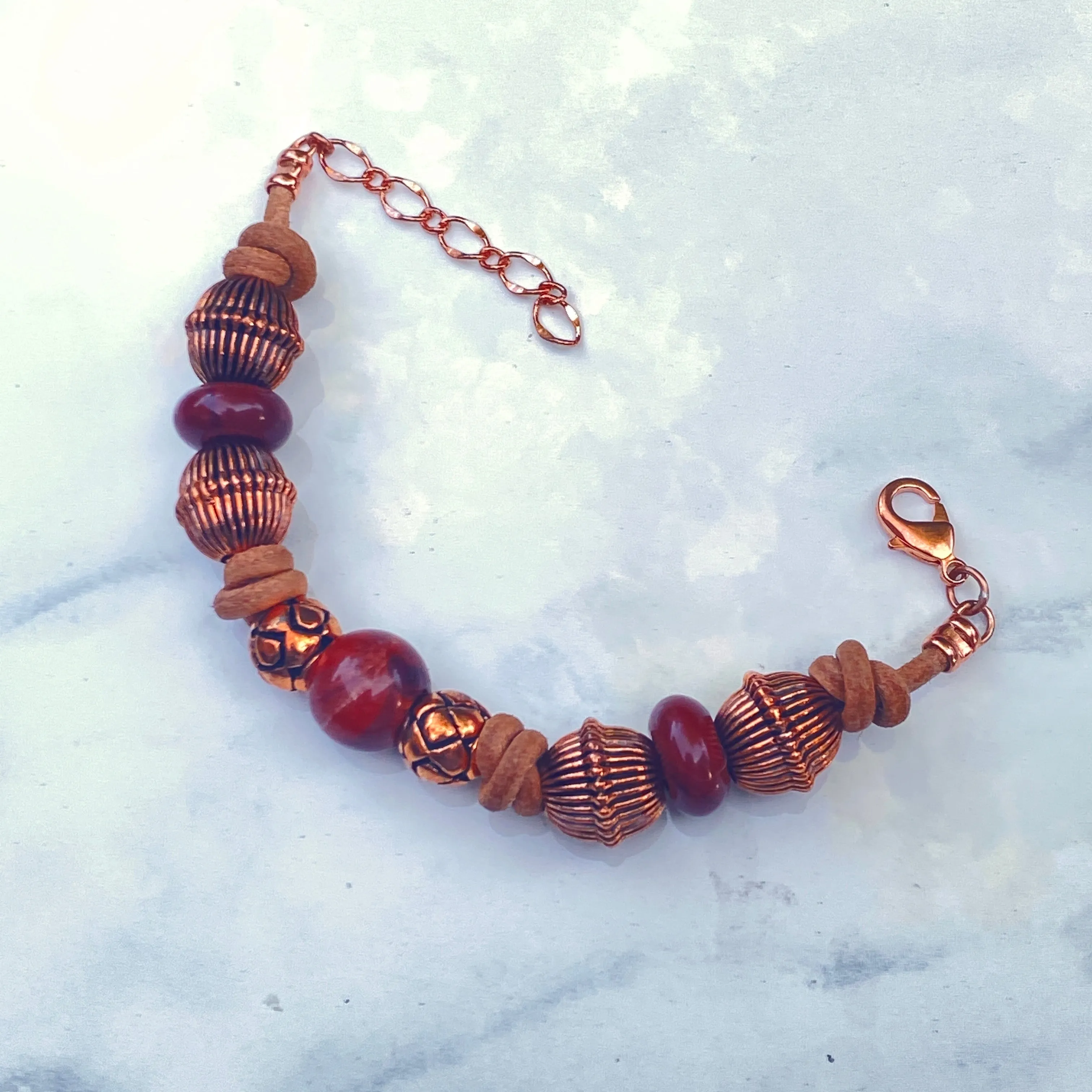 BoHo Bali Gemstone and Leather with copper Clasp Bracelets