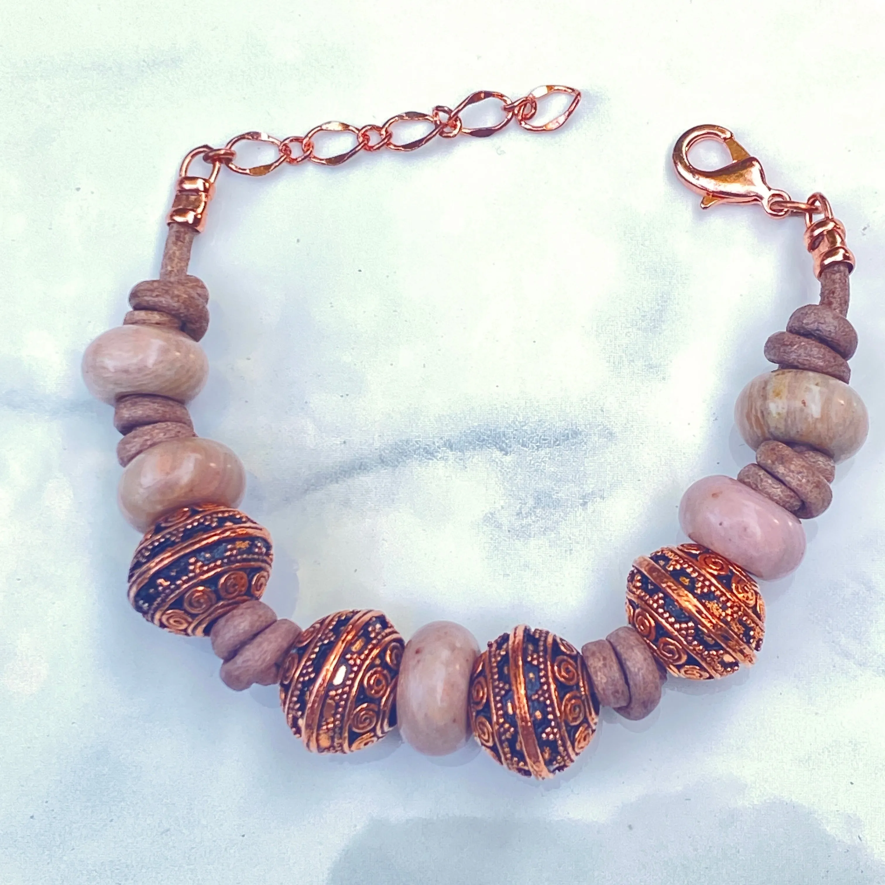 BoHo Bali Gemstone and Leather with copper Clasp Bracelets