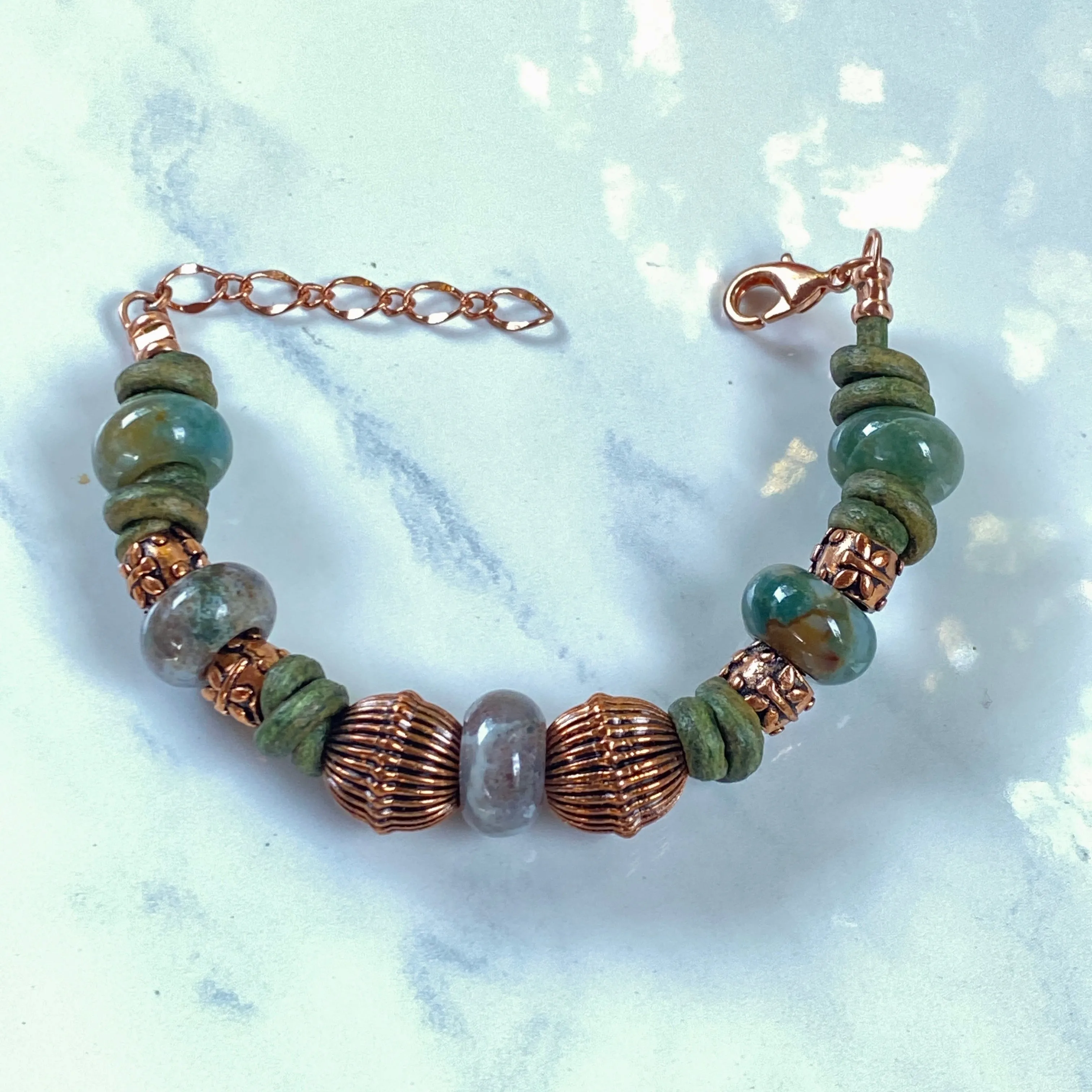 BoHo Bali Gemstone and Leather with copper Clasp Bracelets