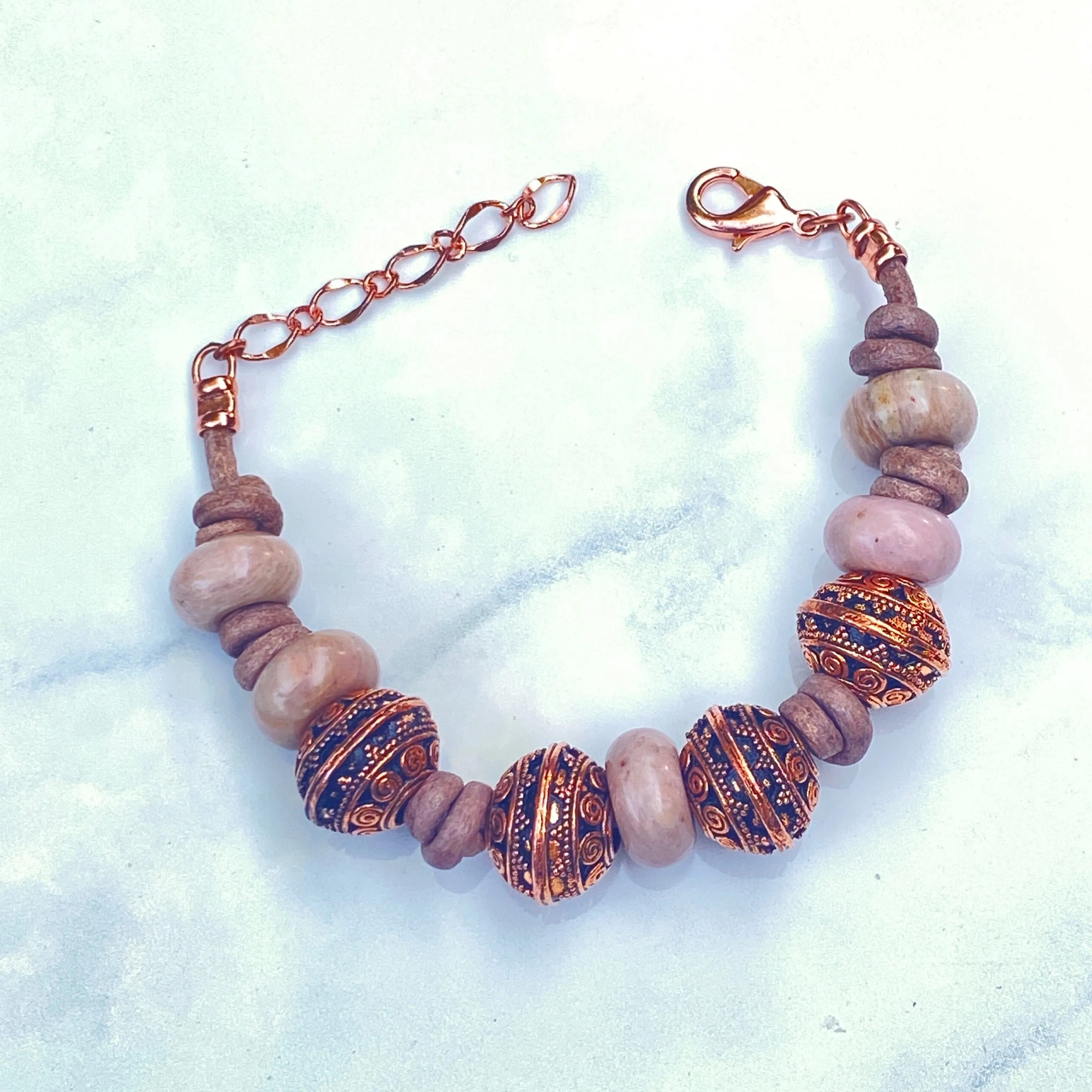 BoHo Bali Gemstone and Leather with copper Clasp Bracelets