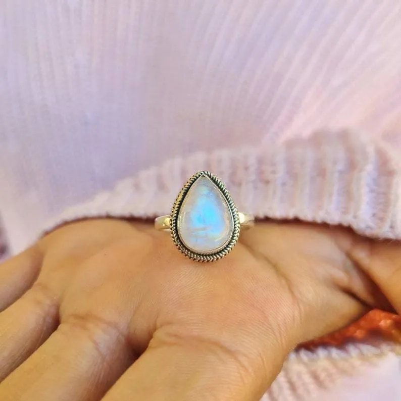 Boho Rainbow Moonstone 925 Sterling Silver Tear Drop Statement Ring, Handcrafted Jewelry, For Her