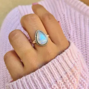 Boho Rainbow Moonstone 925 Sterling Silver Tear Drop Statement Ring, Handcrafted Jewelry, For Her